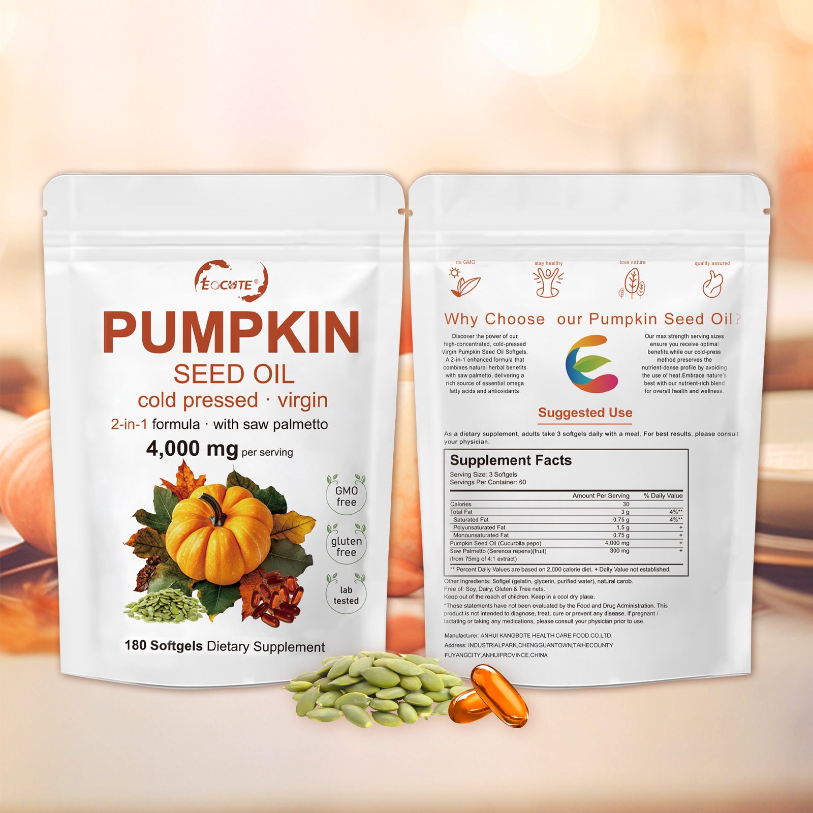 Pumpkin Seed Oil with Saw Palmetto, 4,000mg Per Serving, 180 Softgels | Cold Pressed, Pure Virgin Oil, Herbal Supplement | Supports Hair, Urinary, Bladder   Prostate Health | Non-GMO