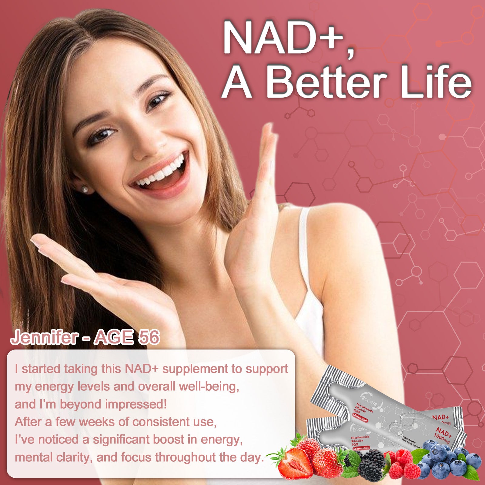 EOCUTE NR1000   NAD+ Berry Flavor Drink Mix  for Skin Aging Support, Energy, and Focus   30 packets