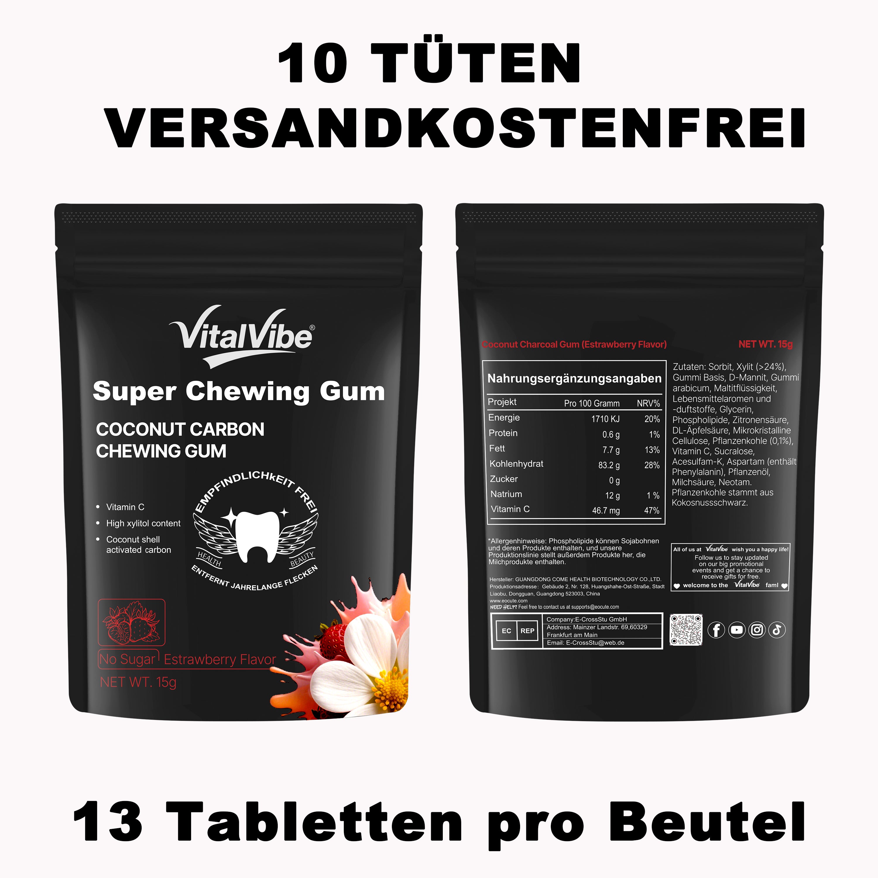 VitalVibe Super Chewing Gum,Coconut Carbon Chewing Gum,Vitamin C,High xylitol content,Coconut Shell Activated Carbon,Teeth whitening, clear oral cavity, clean oral cavity.