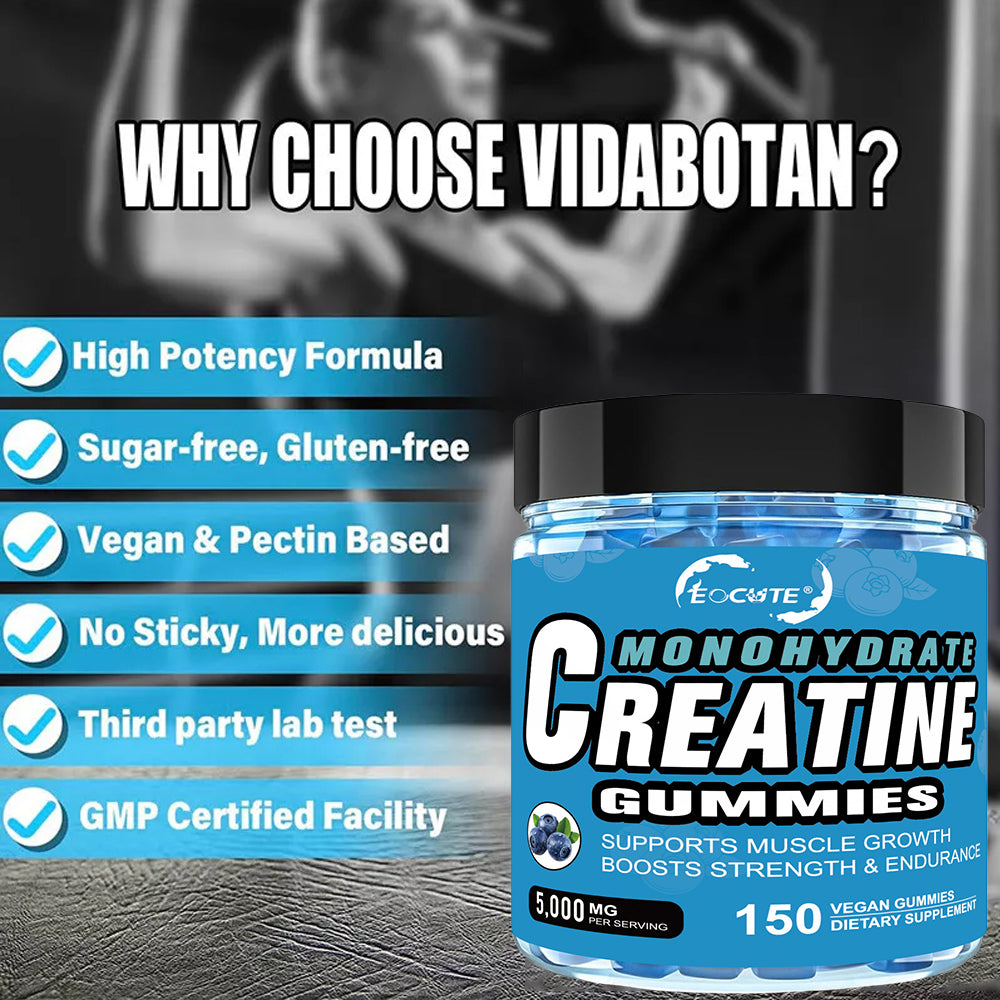 EOCUTE Creatine Monohydrate Gummies   5g per Serving for Muscle   Strength Building,Sugar-Free,Vegan, Blueberry Flavor, 150 Count Amino Acids Nutrional Supplements Dietary Healthcare Edible Fitness Optimum