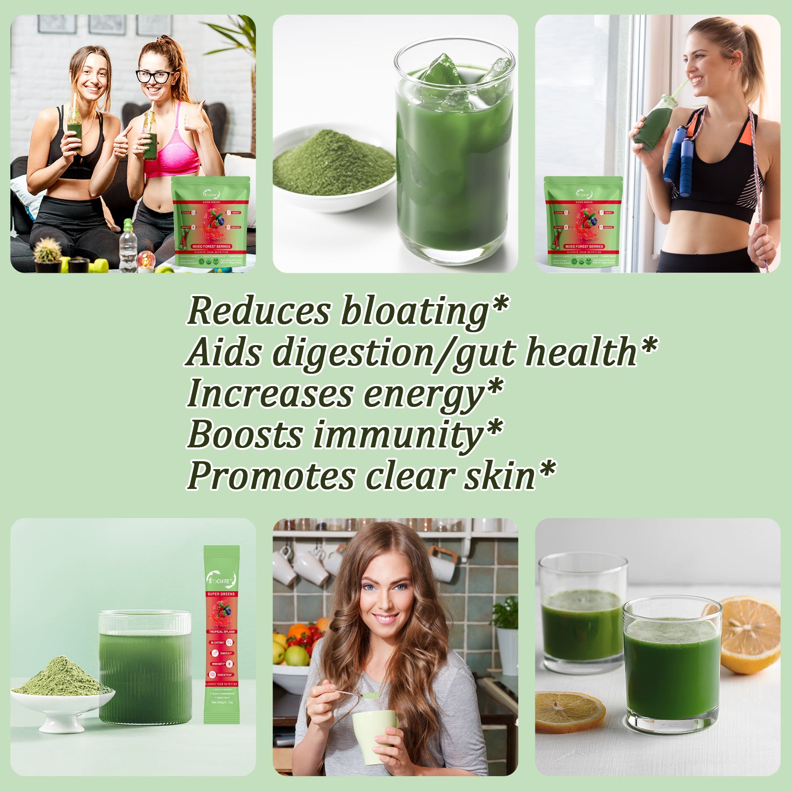 EOCUTE Super Greens Powder to Reduce Bloat, Digenstive Health for Women, Bloating Relief, Gut Health,Skin Care,Support Gut Health, Boost Immunity, Healthy Digestion for Women – Antioxidant Support – Chlorella -30 packets