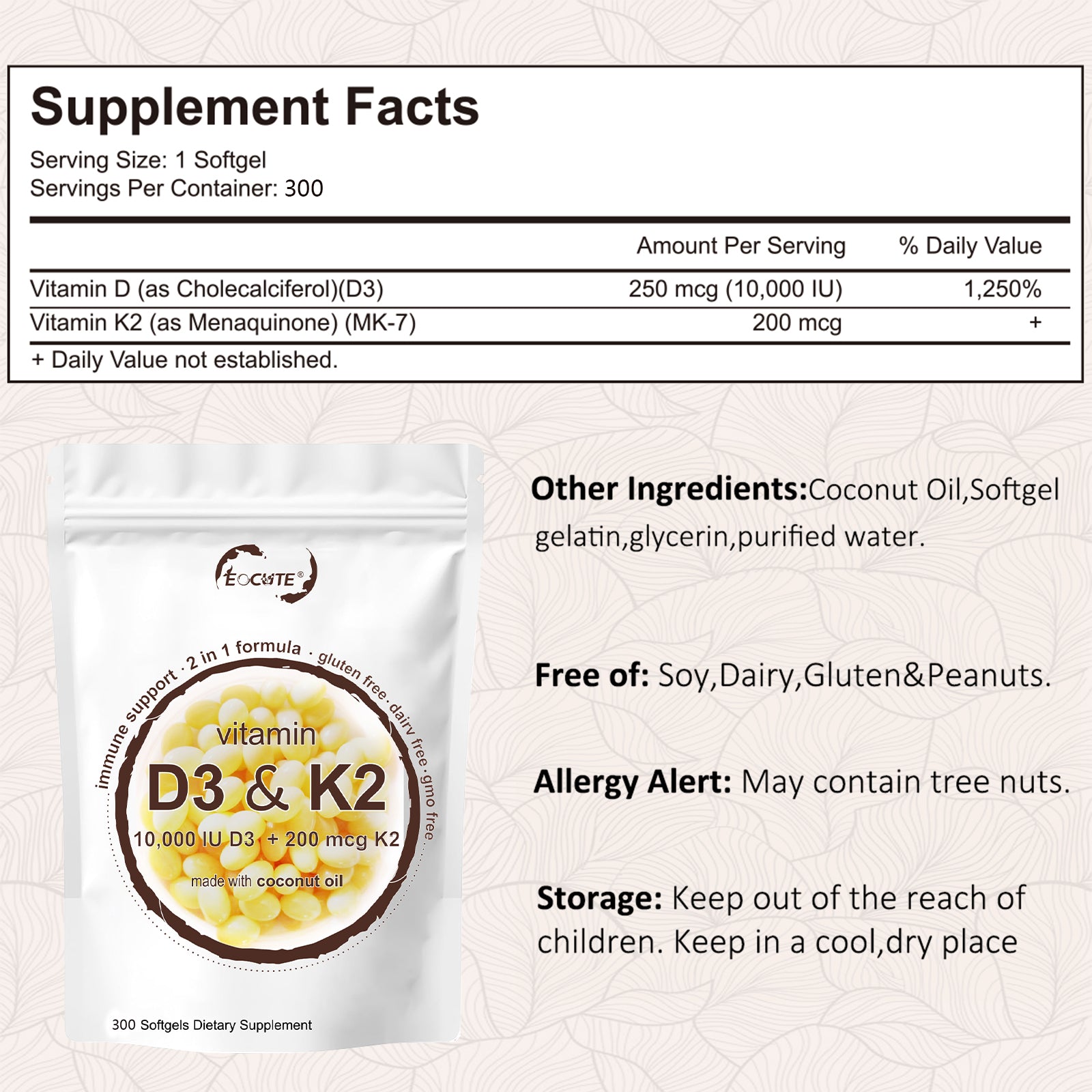 EOCUTE Vitamin D3 10000 iu Plus K2(MK-7) 200mcg 180 Softgels