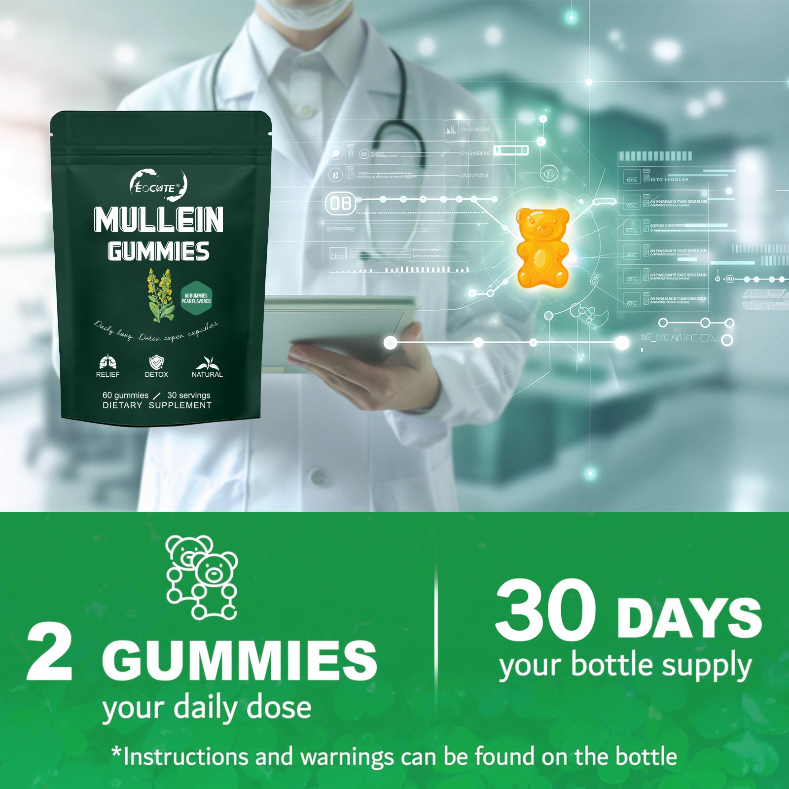 EOCUTE 9 in 1 Mullein Gummies for Lung Cleanse, Extra Strength 10000 MG(10:1 Extract) Mullein Leaf Extract w/Quercetin, Bromelain, Elderberry   Marshmallow for Respiratory, Immune, Vegan,60 Count Vitamins Supplements Edible Dietary Healthcare Fitness