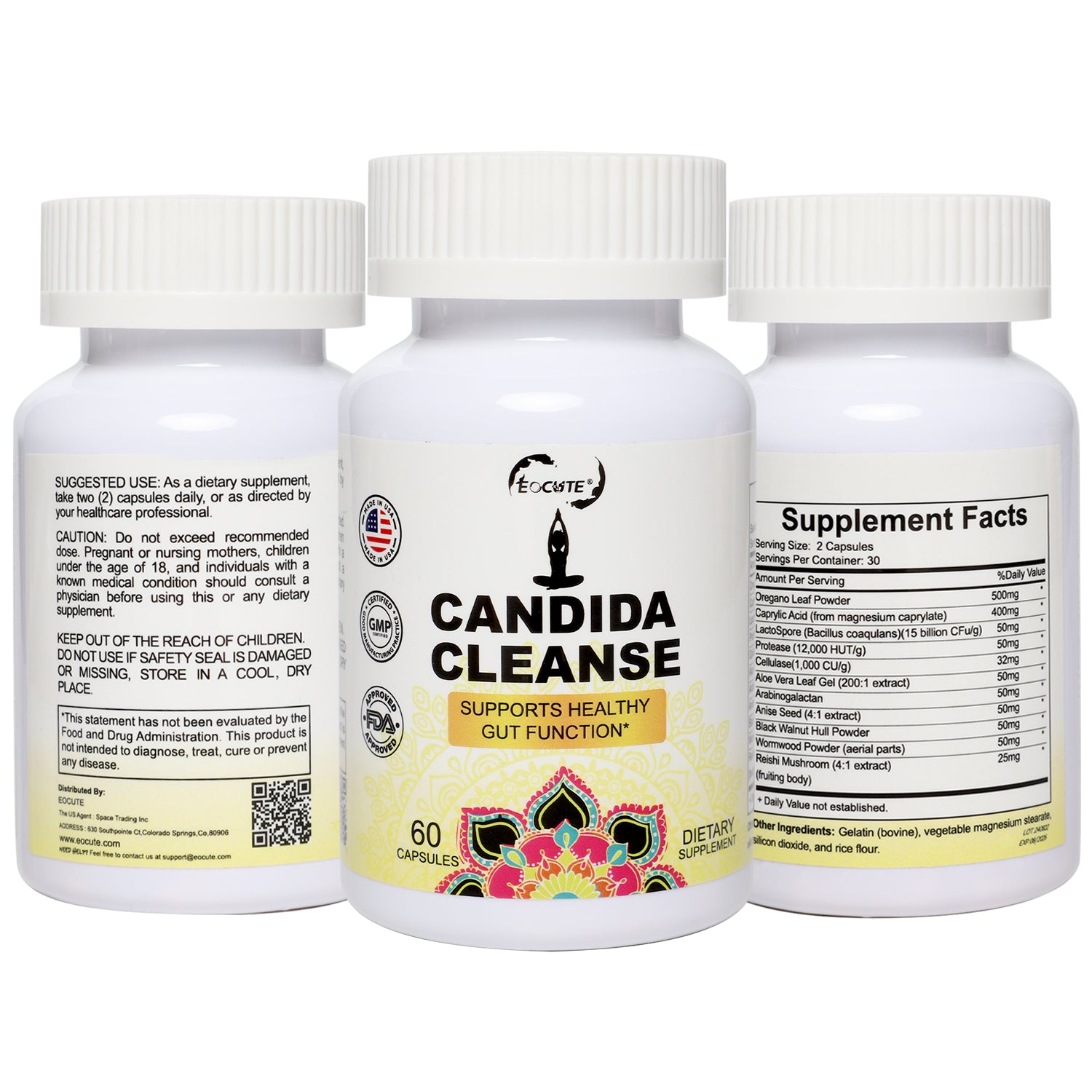 EOCUTE Candida Cleanse   Gut   Colon Support (60 Capsules)   for Men   Women   Anti Yeast Overgrowth   Oregano Leaf, Wormwood, Black Walnut, Caprylic Acid Digestive Nutritional Supplements Edible Dietary Fitness Healthcare Optimum Boost