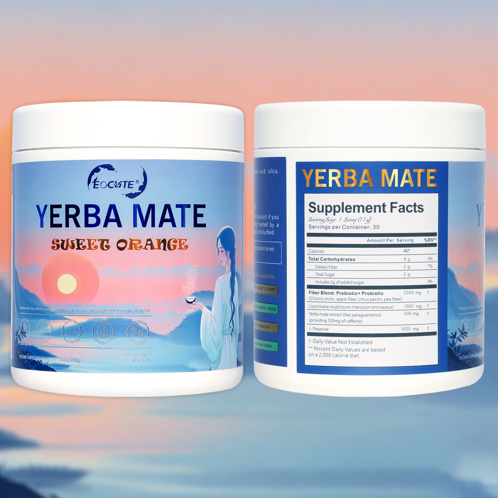 EOCUTE Yerba Mate Powder Minerals   Wellness Supplements Powdered Supplement Drink Mix | Peach Coffee Flavor and Sweet Orange  |  Magic   Instant Drink Powder  | 30 Servings Beverage Drinks