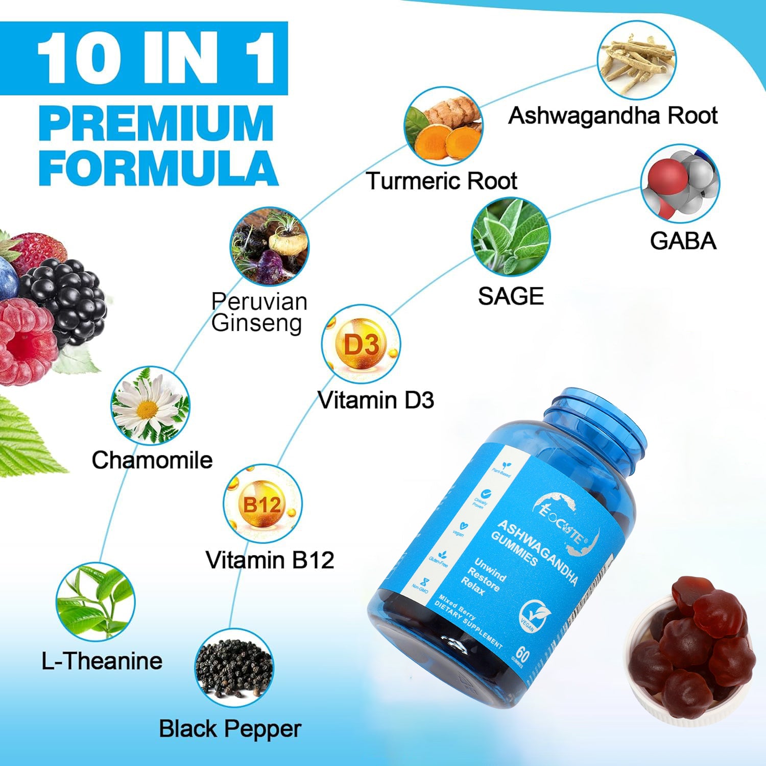 EOCUTE Ashwagandha   Vitamin D Gummies Gummy-Mixed Berry,KSM-66, Vegan, PlantBased,Non-GMO, Gluten-Free   Gelatin Free. for women and man,Vitamins Supplements