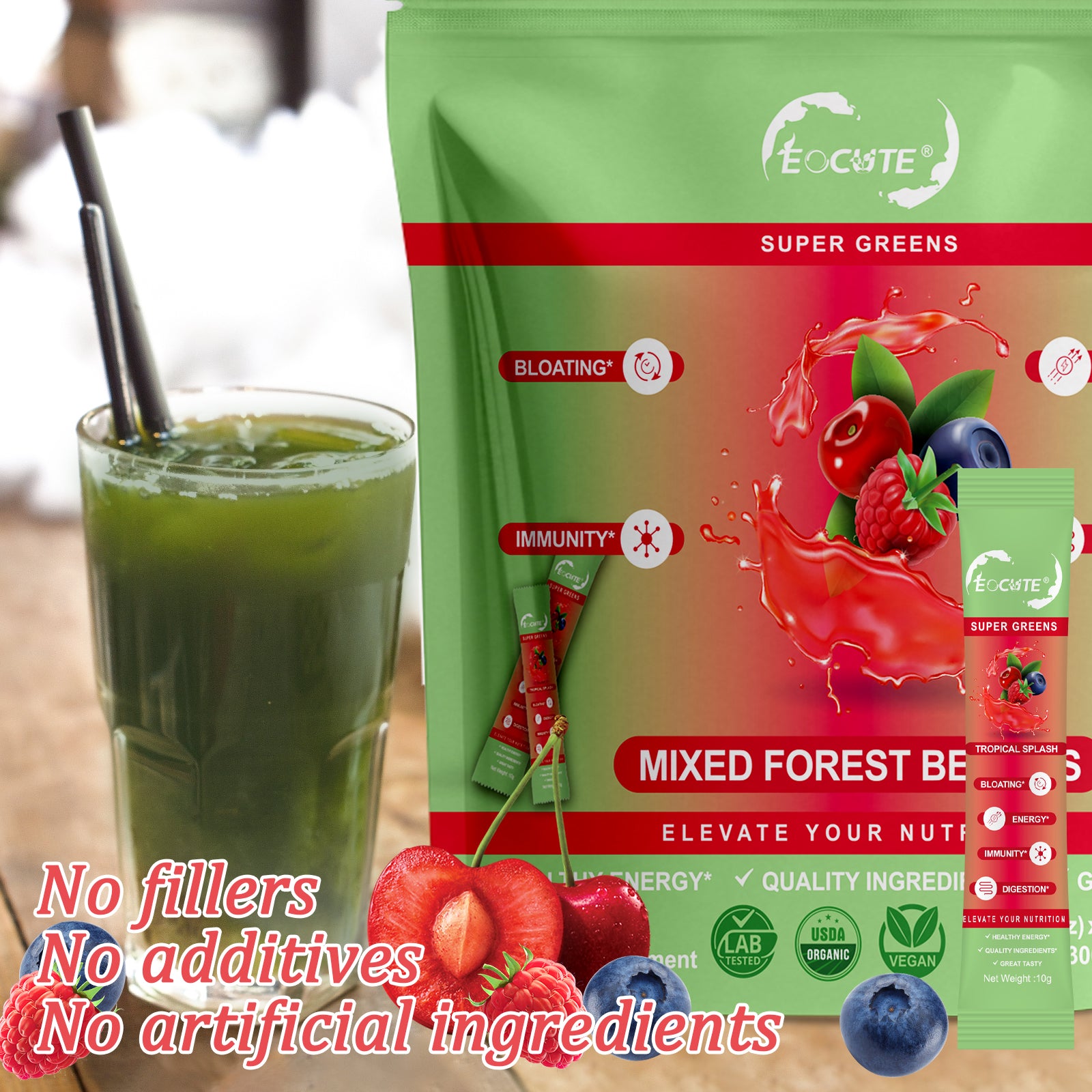 EOCUTE Super Greens Powder to Reduce Bloat, Digenstive Health for Women, Bloating Relief, Gut Health,Skin Care,Support Gut Health, Boost Immunity, Healthy Digestion for Women – Antioxidant Support – Chlorella -30 packets