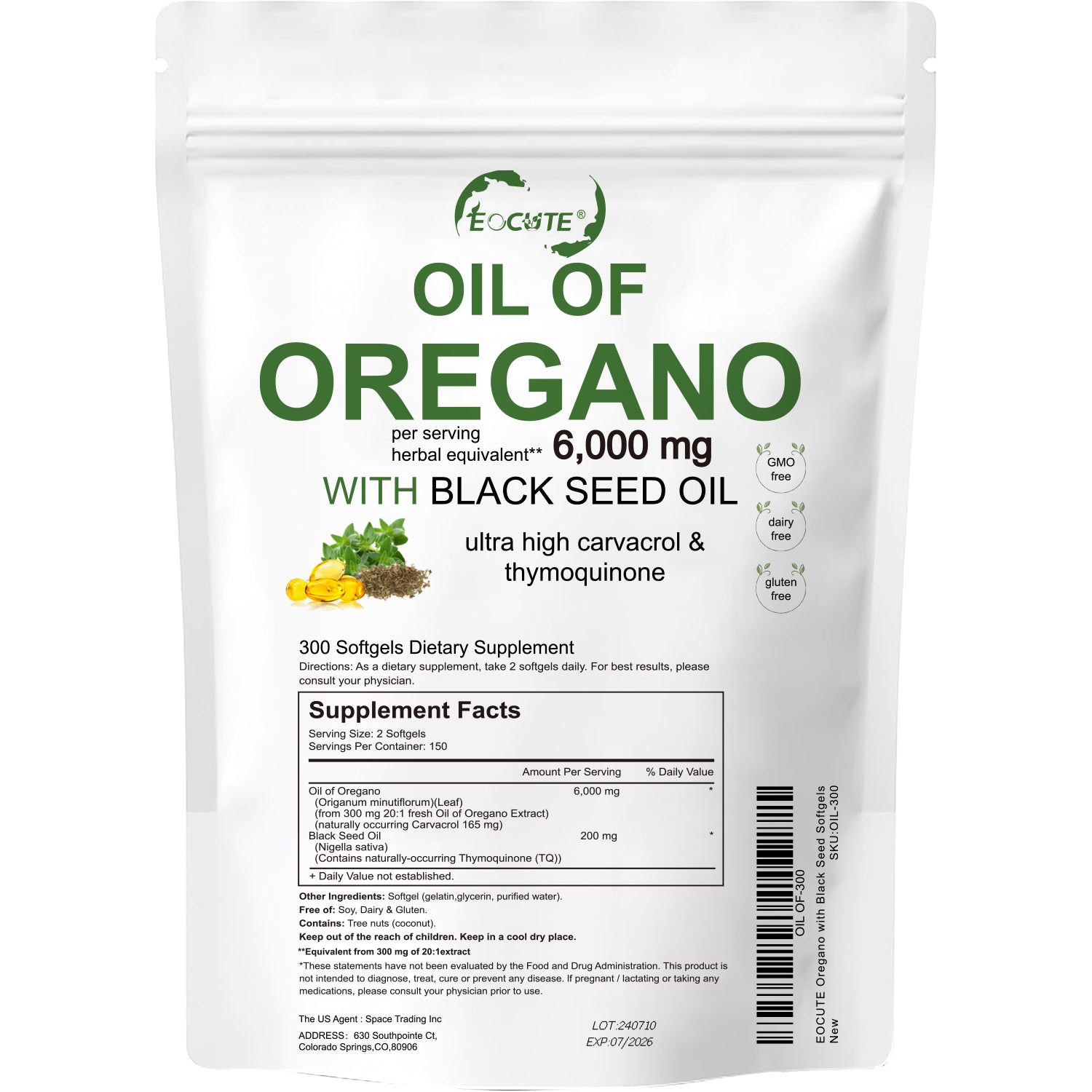 EOCUTE Oil of Oregano Softgels 6000mg Per Serving, 180 Pcs/Pack,2 in 1 Formulated with Black Seed Oil 200mg, 4X Strength Carvacrol   Thymoquinone,Plant Based.