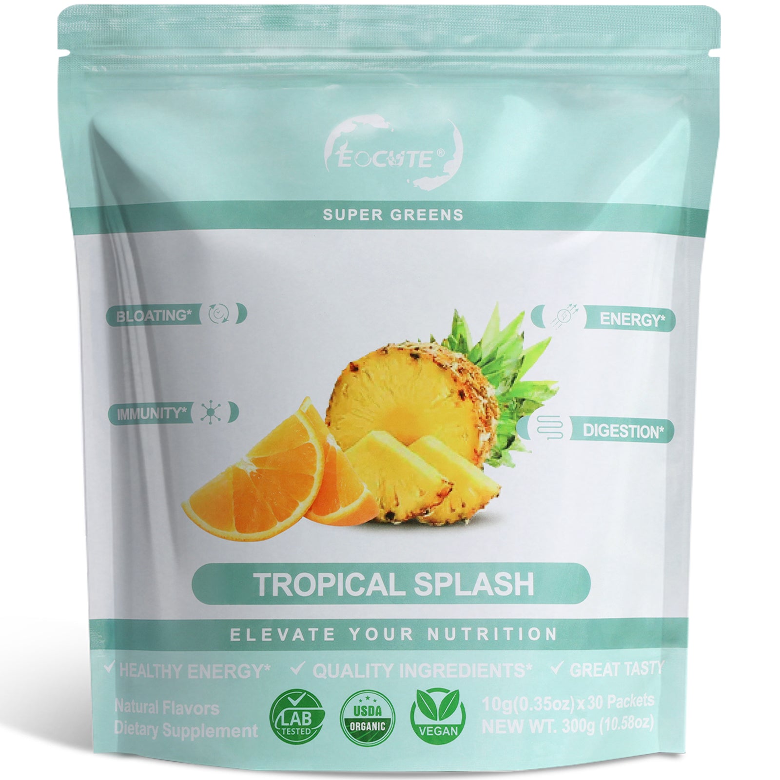 EOCUTE Super Greens – Organic Greens Powder to Reduce Bloat, Support Gut Health, Boost Immunity, Healthy Digestion for Women – Antioxidant Support – Spirulina – Chlorella – Tropical Splash-30 packets