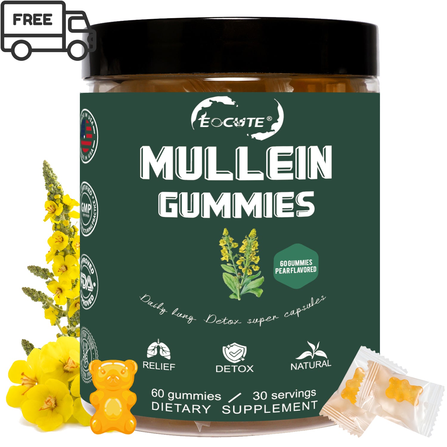 EOCUTE 9 in 1 Mullein Gummies for Lung Cleanse, Extra Strength 10000 MG(10:1 Extract) Mullein Leaf Extract w/Quercetin, Bromelain, Elderberry   Marshmallow for Respiratory, Immune, Vegan,60 Count Vitamins Supplements Edible Dietary Healthcare Fitness