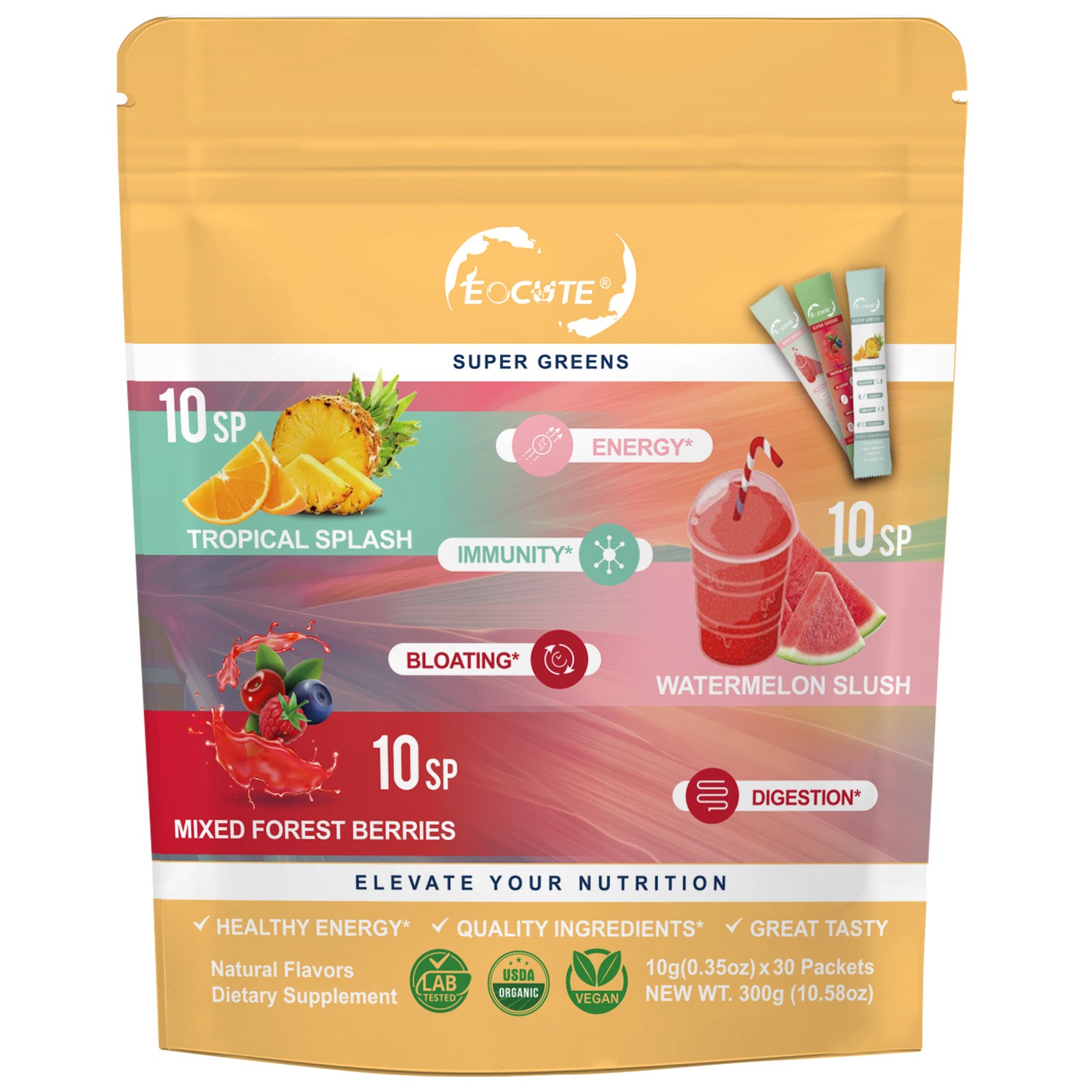 EOCUTE Super Greens Powder to Reduce Bloat, Digenstive Health for Women, Bloating Relief, Gut Health,Skin Care,Support Gut Health, Boost Immunity, Healthy Digestion for Women – Antioxidant Support – Chlorella – 3 flavors-30 packets