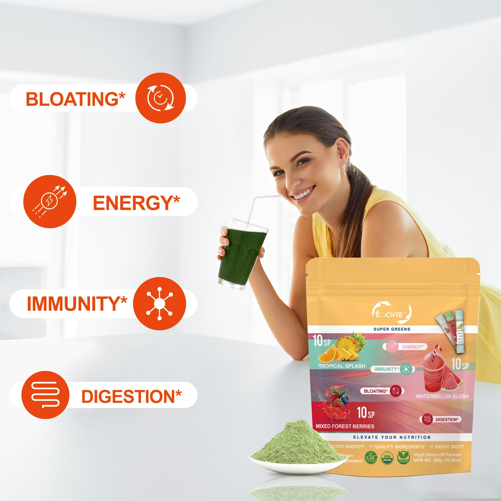 EOCUTE Super Greens Powder to Reduce Bloat, Digenstive Health for Women, Bloating Relief, Gut Health,Skin Care,Support Gut Health, Boost Immunity, Healthy Digestion for Women – Antioxidant Support – Chlorella – 3 flavors-30 packets