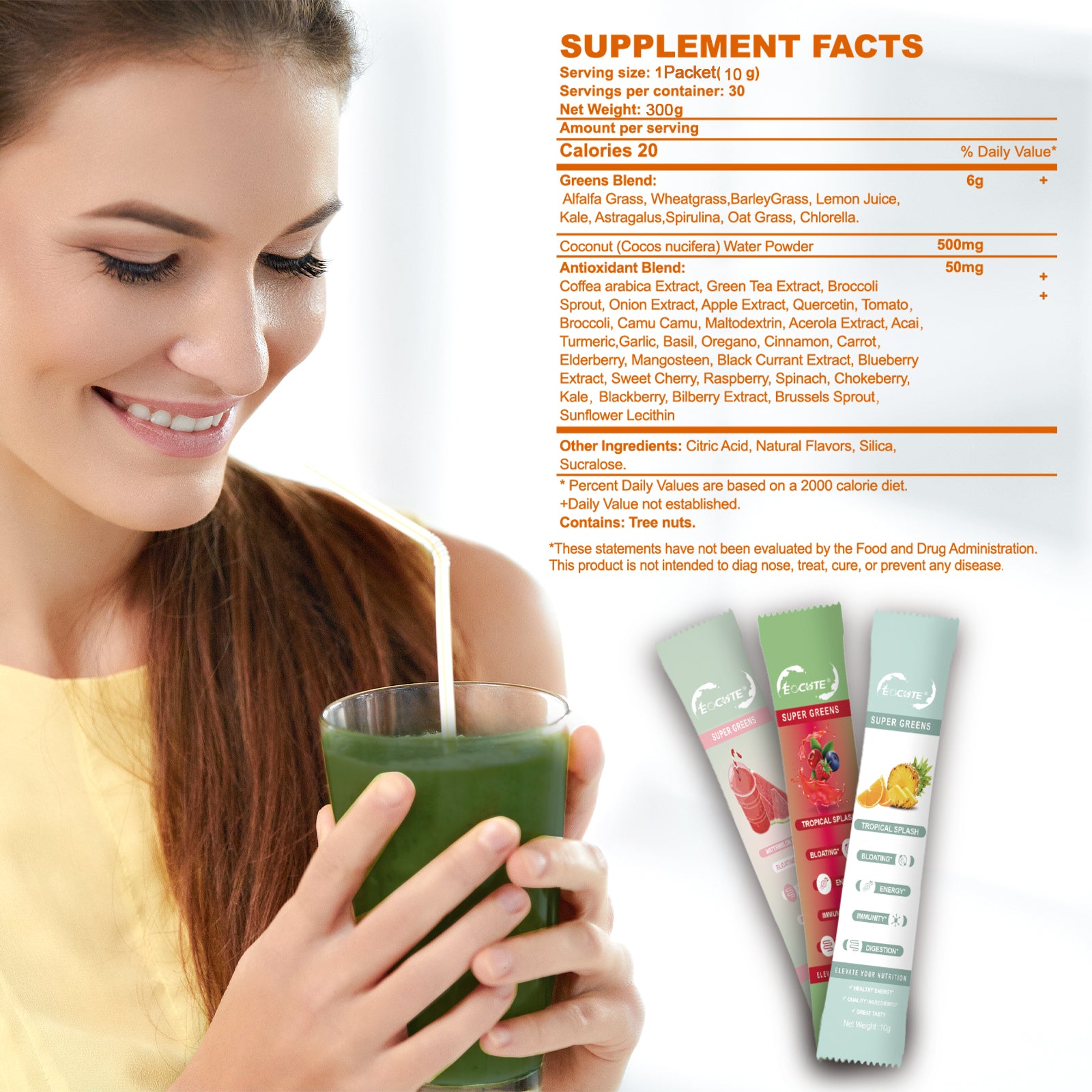 EOCUTE Super Greens Powder to Reduce Bloat, Digenstive Health for Women, Bloating Relief, Gut Health,Skin Care,Support Gut Health, Boost Immunity, Healthy Digestion for Women – Antioxidant Support – Chlorella – 3 flavors-30 packets
