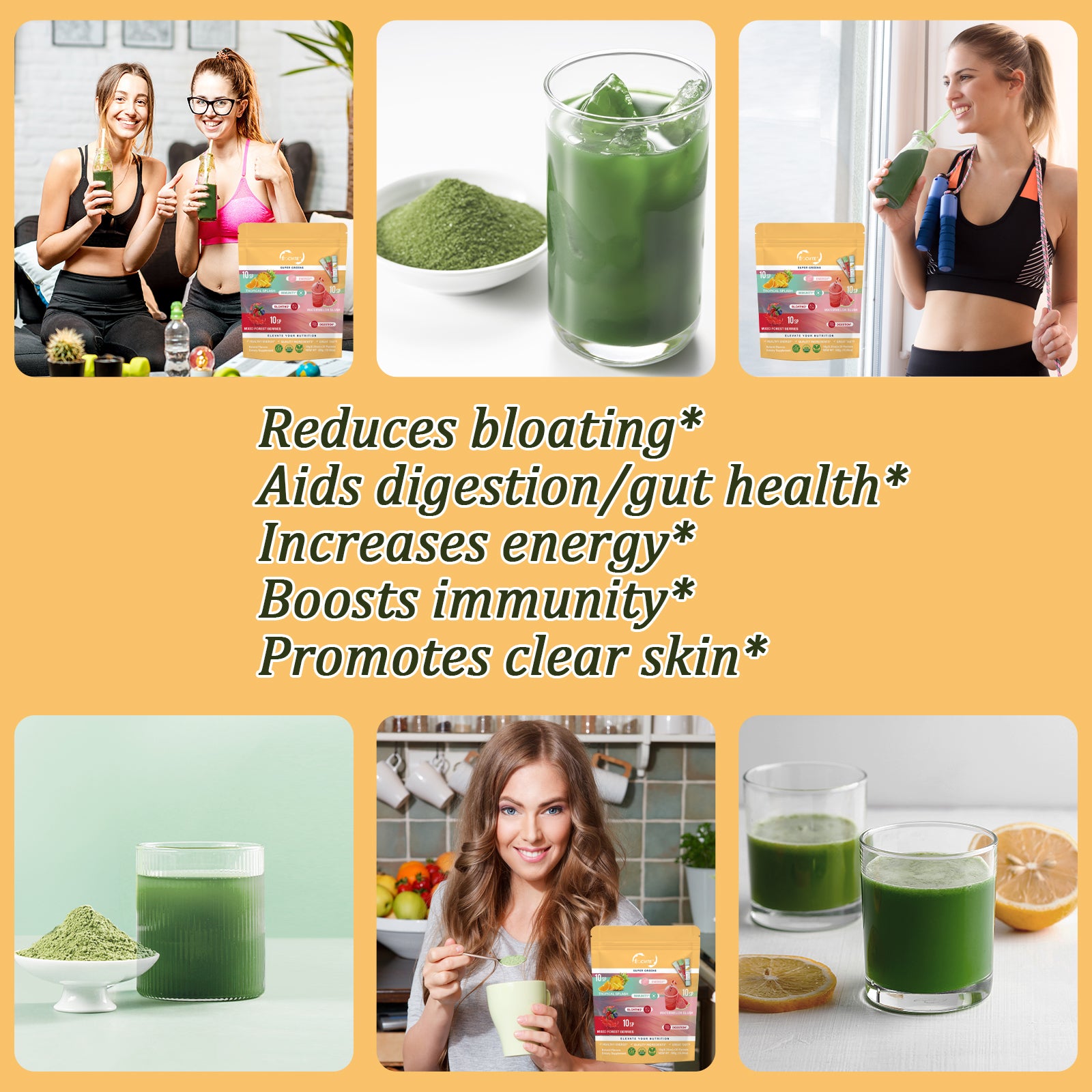 EOCUTE Super Greens Powder to Reduce Bloat, Digenstive Health for Women, Bloating Relief, Gut Health,Skin Care,Support Gut Health, Boost Immunity, Healthy Digestion for Women – Antioxidant Support – Chlorella – 3 flavors-30 packets