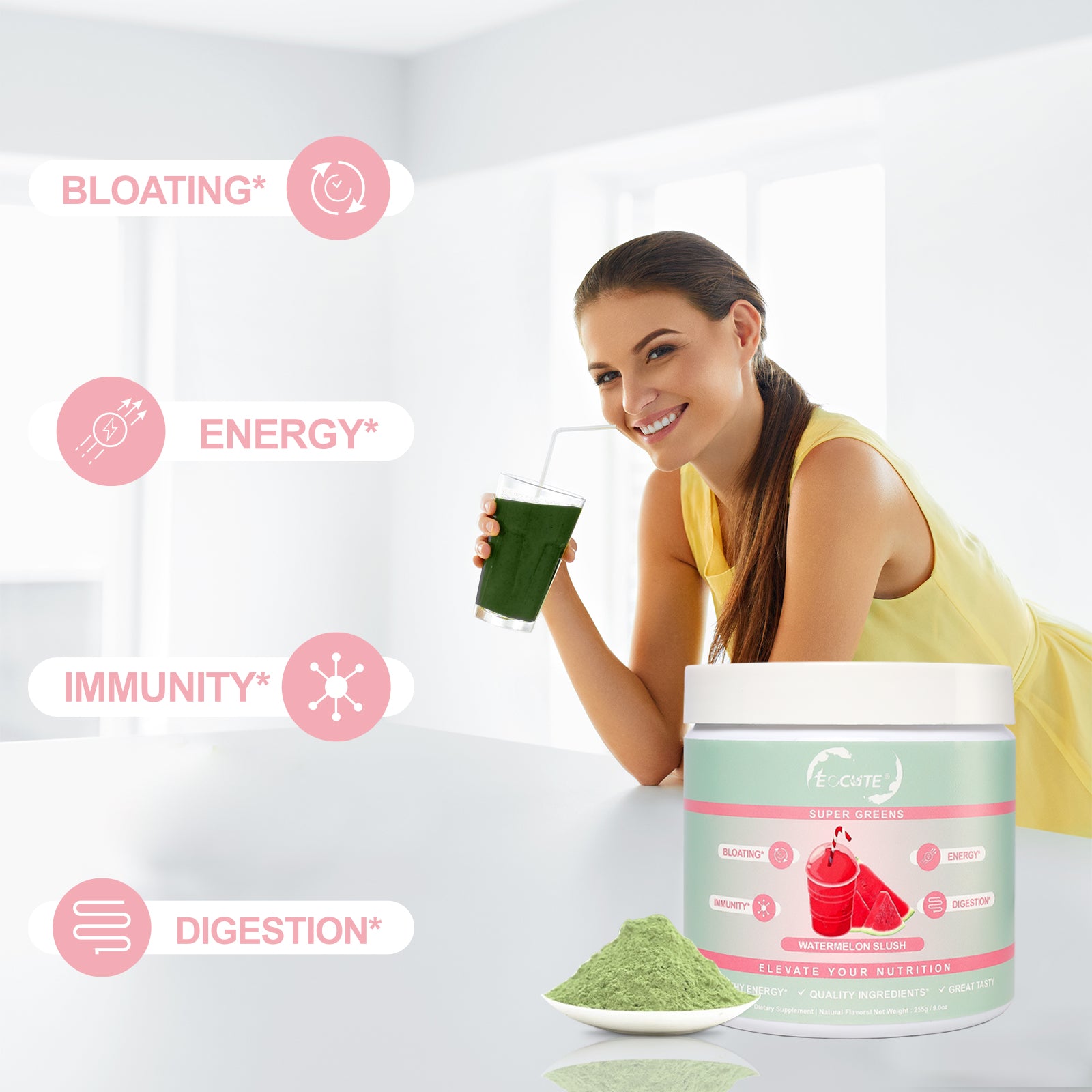 EOCUTE Super Greens Powder to Reduce Bloat, Digenstive Health for Women, Bloating Relief, Gut Health,Skin Care,Support Gut Health, Boost Immunity, Healthy Digestion for Women   Antioxidant Support    Chlorella   Watermelon Slush, Dietary Supplement