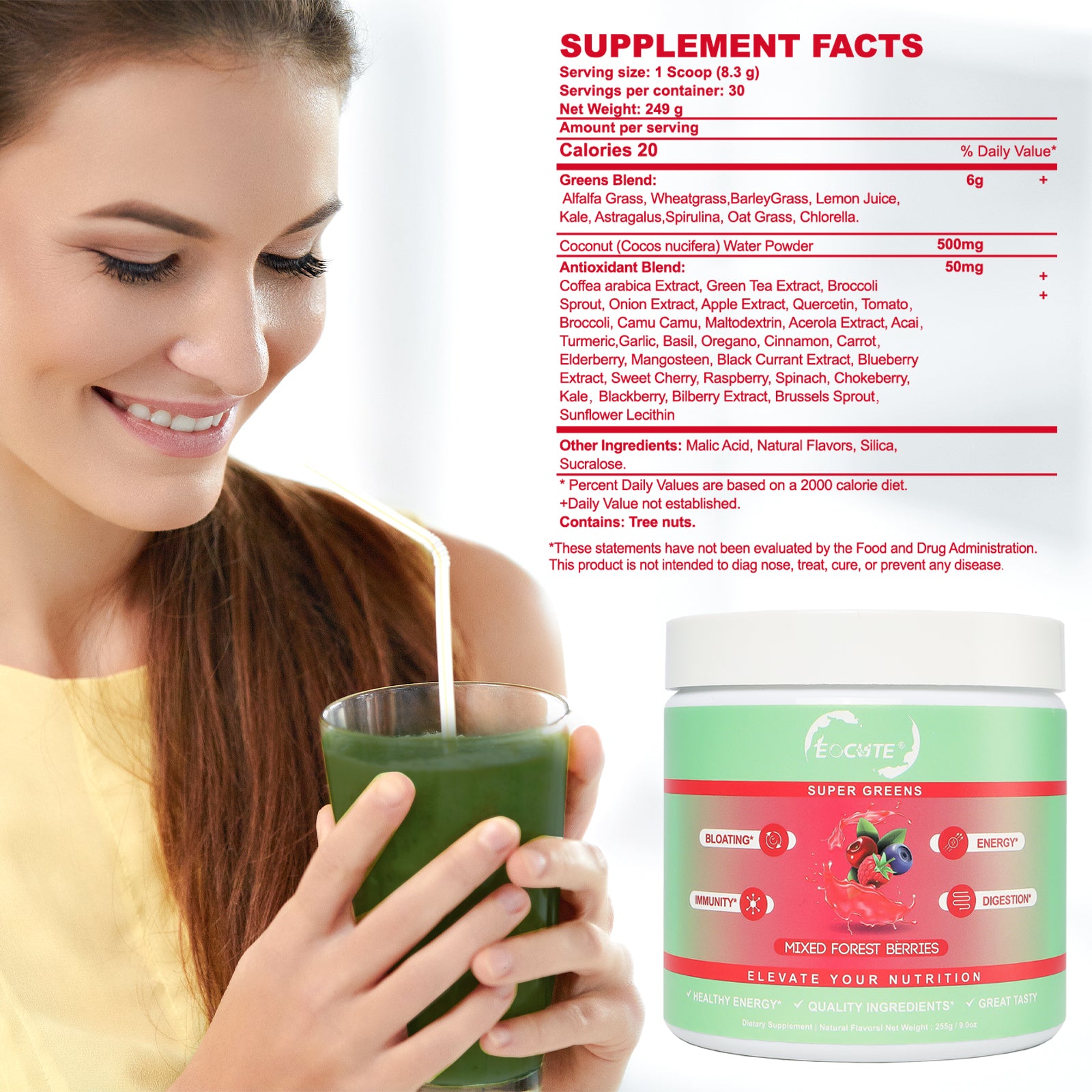EOCUTE Super Greens   Organic Greens Powder to Reduce Bloat, Support Gut Health, Boost Immunity, Healthy Digestion for Women   Antioxidant Support   Spirulina   Chlorella   Tropical Splash