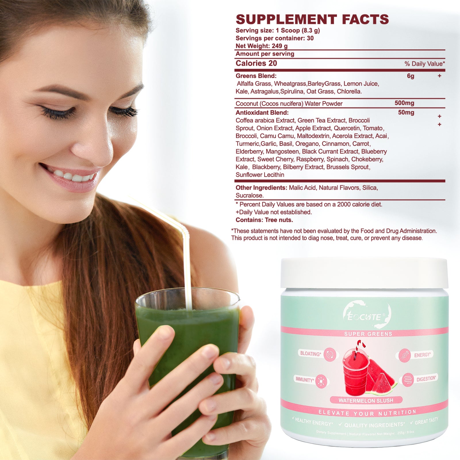 EOCUTE Super Greens Powder to Reduce Bloat, Digenstive Health for Women, Bloating Relief, Gut Health,Skin Care,Support Gut Health, Boost Immunity, Healthy Digestion for Women   Antioxidant Support    Chlorella   Watermelon Slush, Dietary Supplement