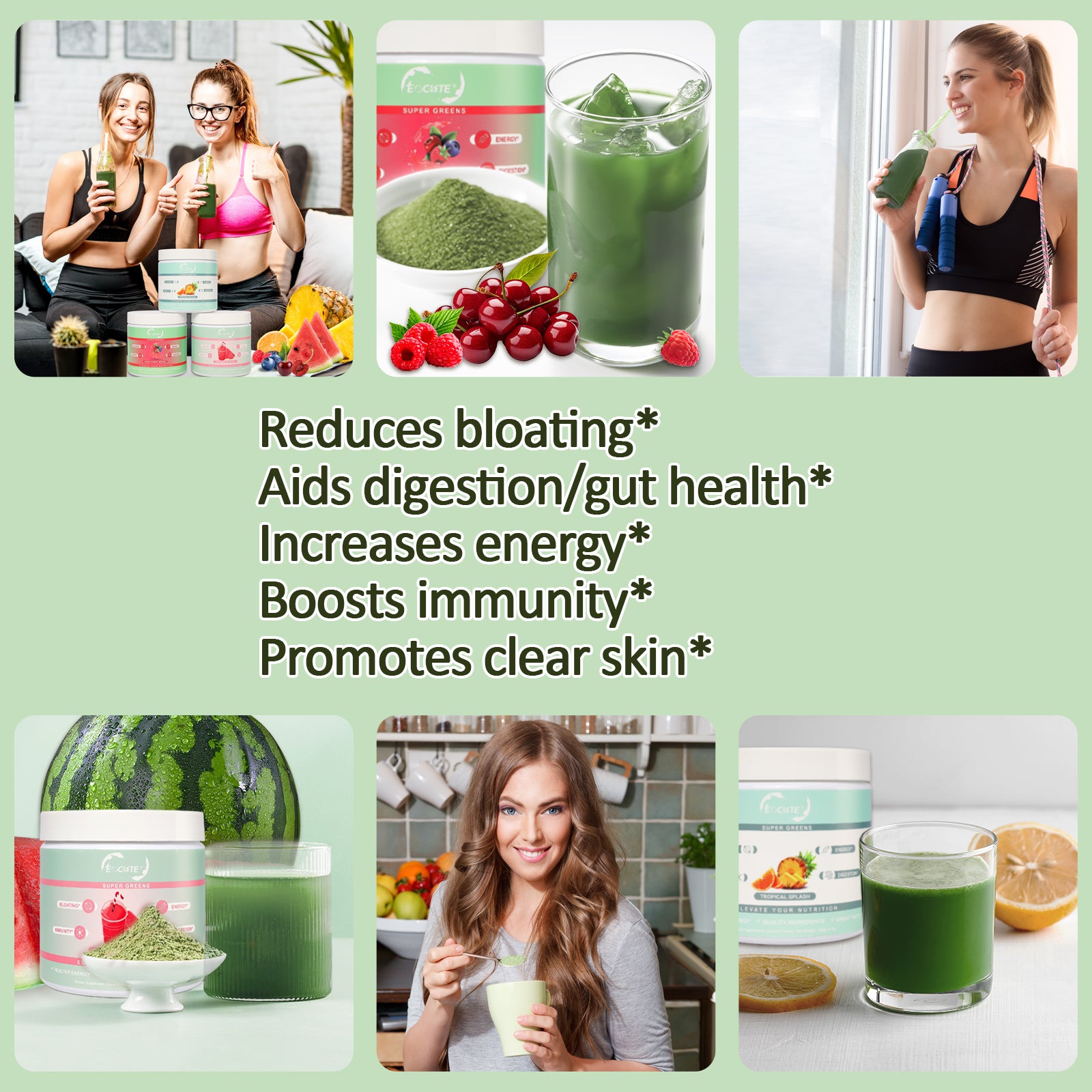 EOCUTE Super Greens   Organic Greens Powder to Reduce Bloat, Support Gut Health, Boost Immunity, Healthy Digestion for Women   Antioxidant Support   Spirulina   Chlorella   Tropical Splash