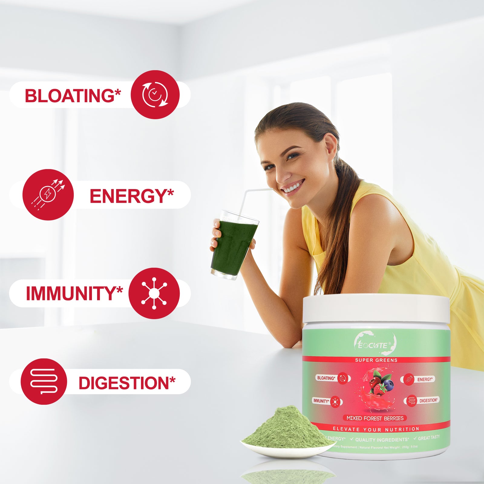 EOCUTE Super Greens   Organic Greens Powder to Reduce Bloat, Support Gut Health, Boost Immunity, Healthy Digestion for Women   Antioxidant Support   Spirulina   Chlorella   Tropical Splash
