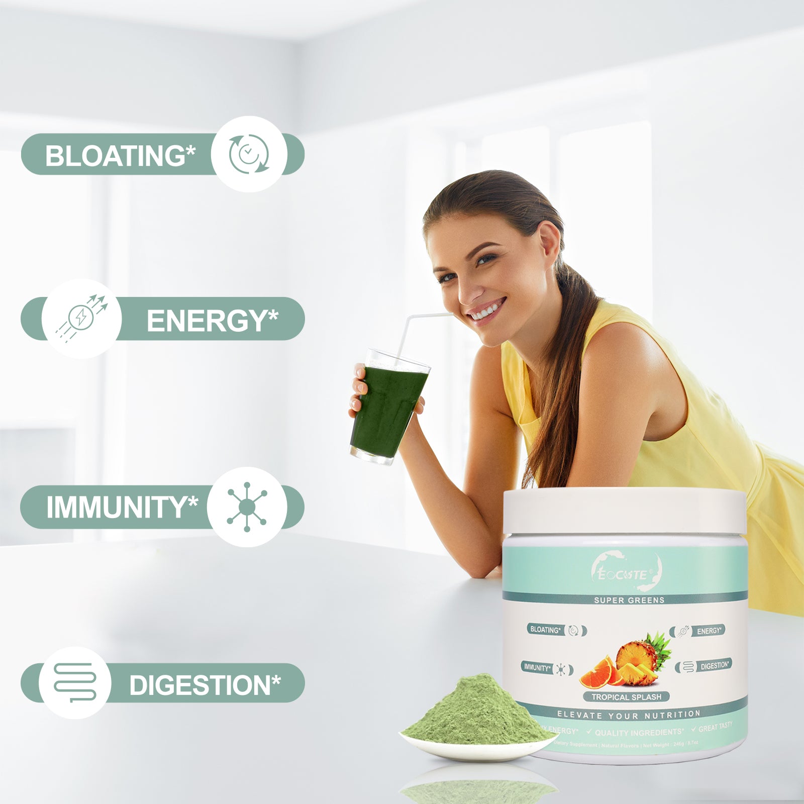 EOCUTE Super Greens   Organic Greens Powder to Reduce Bloat, Support Gut Health, Boost Immunity, Healthy Digestion for Women   Antioxidant Support   Spirulina   Chlorella   Tropical Splash