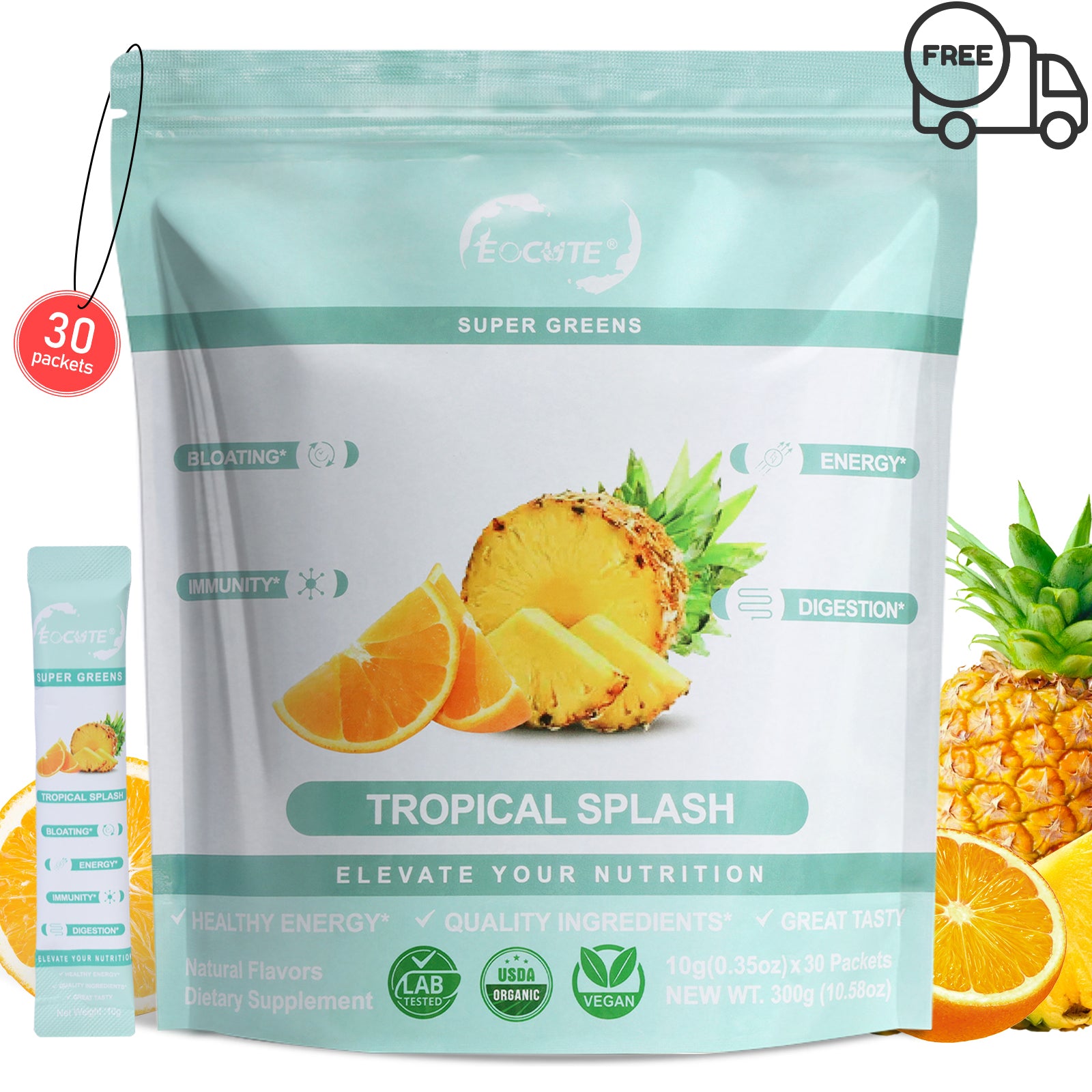 EOCUTE Super Greens – Organic Greens Powder to Reduce Bloat, Support Gut Health, Boost Immunity, Healthy Digestion for Women – Antioxidant Support – Spirulina – Chlorella – Tropical Splash-30 packets