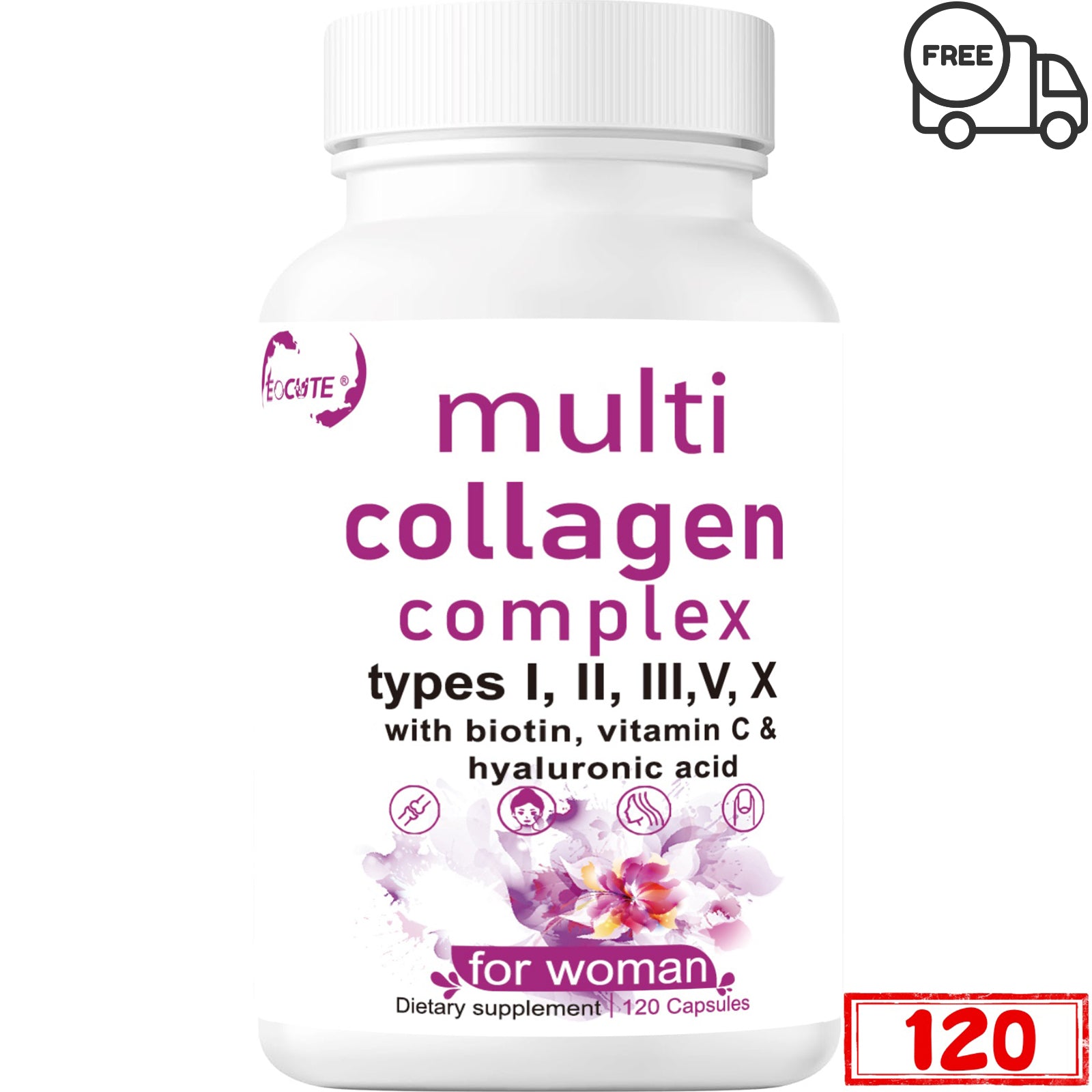 EOCUTE Multi Collagen Pills for Women   Men, 120 Capsules | Type I, II, III, V, X   Hydrolyzed Collagen Peptides with Biotin, Hyaluronic Acid   Vitamin C | Hair, Skin, Nail   Joint Support