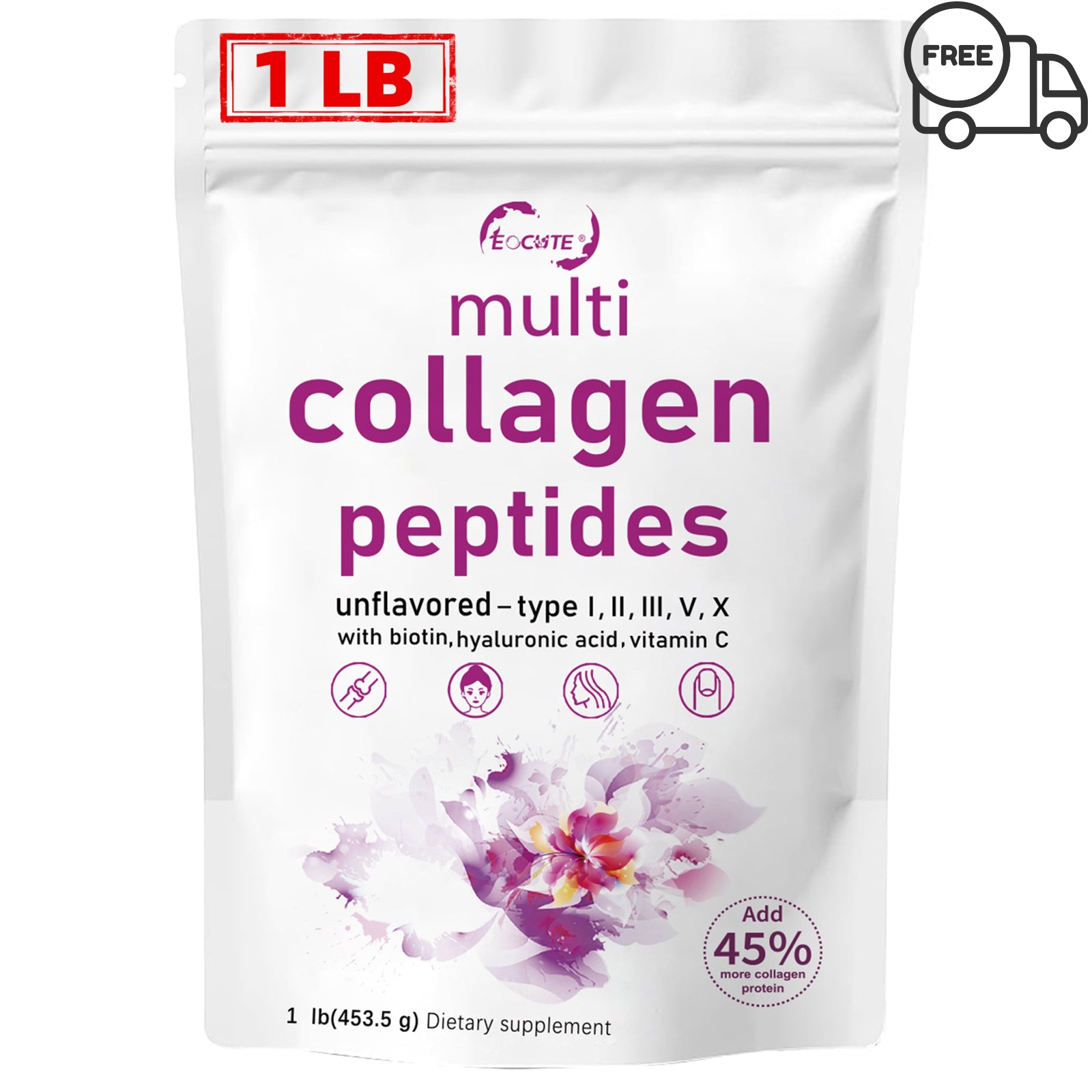 EOCUTE Multi Collagen Peptides Powder Pasture-Raised-Hydrolyzed Protein Peptides (Type l,l,lll,V,X)with HyaluronicAcid, Biotin   Vitamin C,1LB