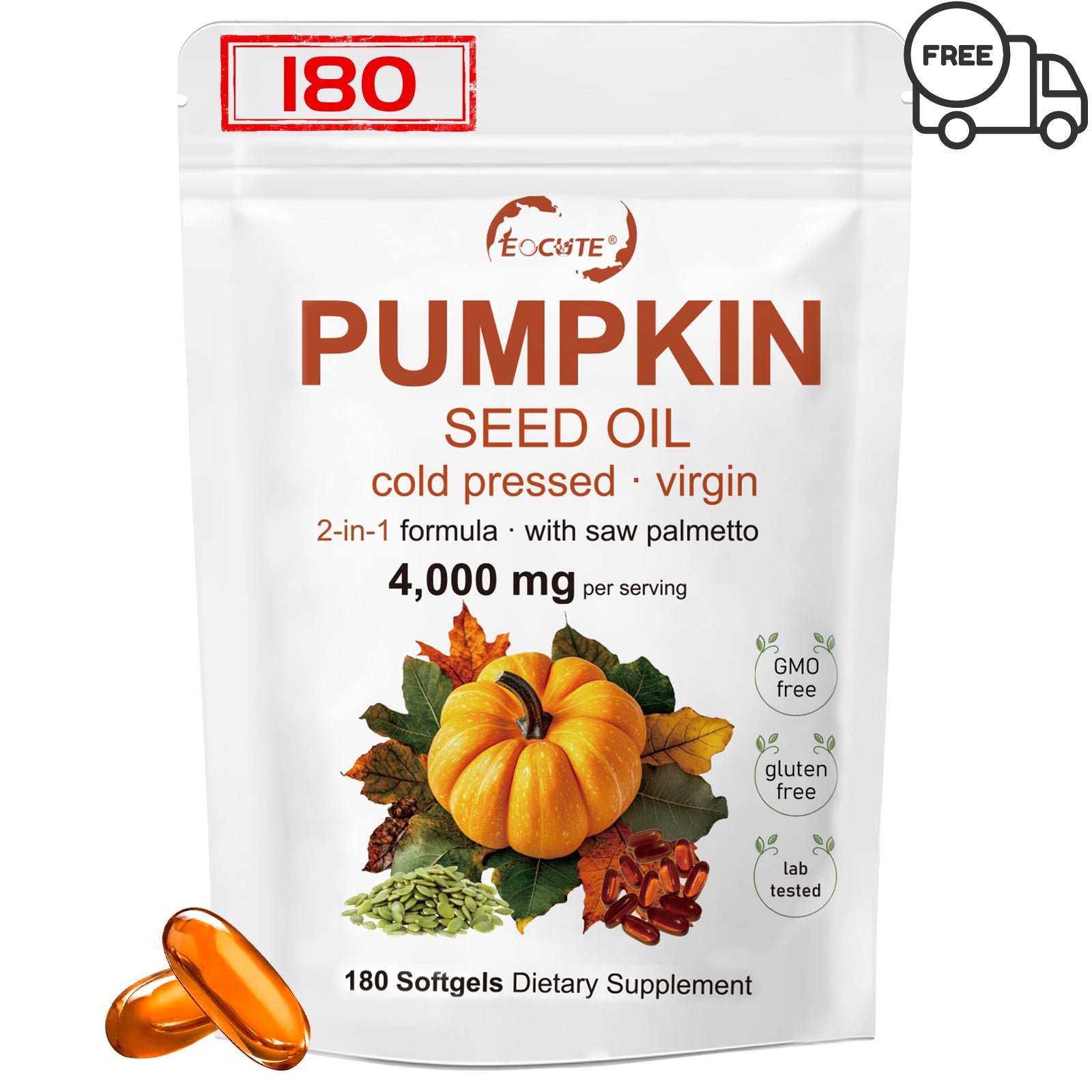 Pumpkin Seed Oil with Saw Palmetto, 4,000mg Per Serving, 180 Softgels | Cold Pressed, Pure Virgin Oil, Herbal Supplement | Supports Hair, Urinary, Bladder   Prostate Health | Non-GMO