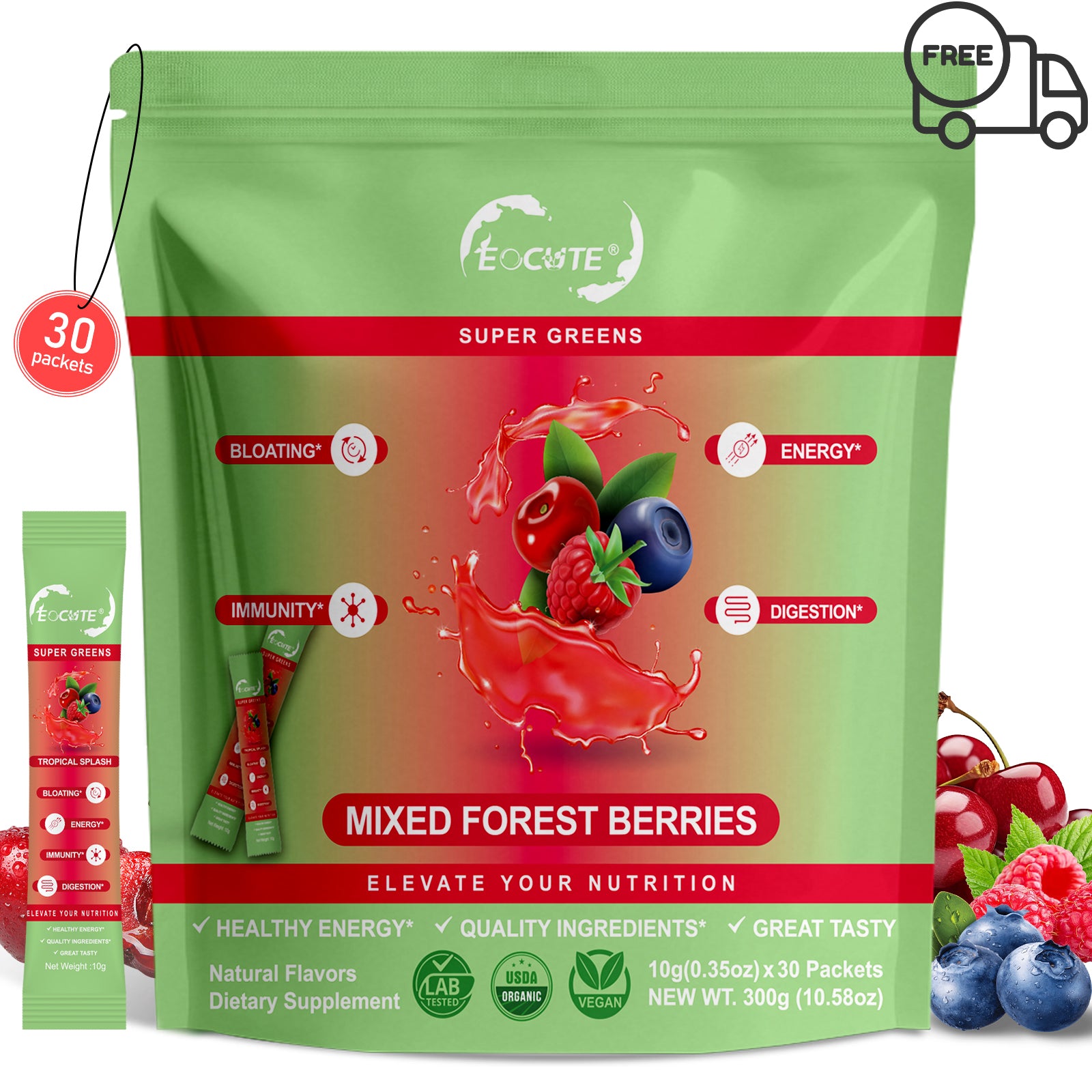 EOCUTE Super Greens Powder to Reduce Bloat, Digenstive Health for Women, Bloating Relief, Gut Health,Skin Care,Support Gut Health, Boost Immunity, Healthy Digestion for Women – Antioxidant Support – Chlorella -30 packets