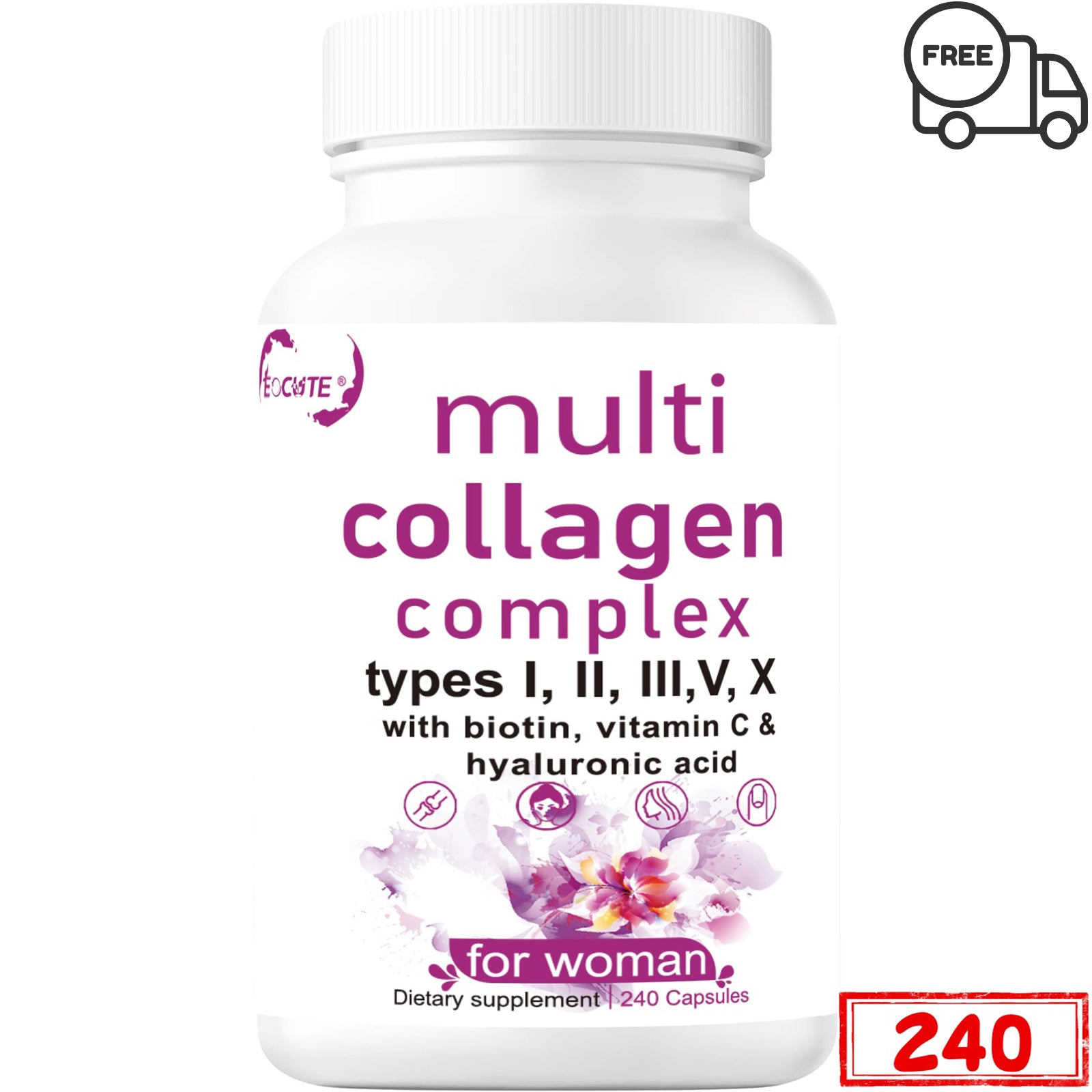 EOCUTE Multi Collagen Pills for Women   Men, 240 Capsules | Type I, II, III, V, X   Hydrolyzed Collagen Peptides with Biotin, Hyaluronic Acid   Vitamin C | Hair, Skin, Nail   Joint Support