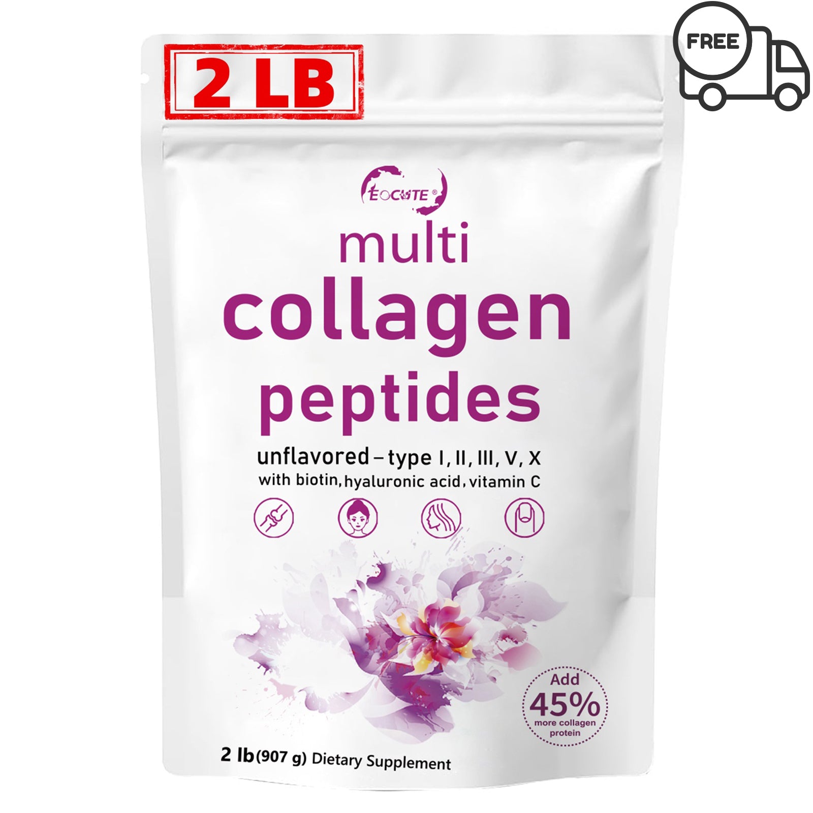 EOCUTE Multi Collagen Peptides Powder Pasture-Raised-Hydrolyzed Protein Peptides (Type l,l,lll,V,X)with HyaluronicAcid, Biotin   Vitamin C,Healthcare Edible Supplement Dietary Fitness Beauty Colagen Nail Hair 2LB