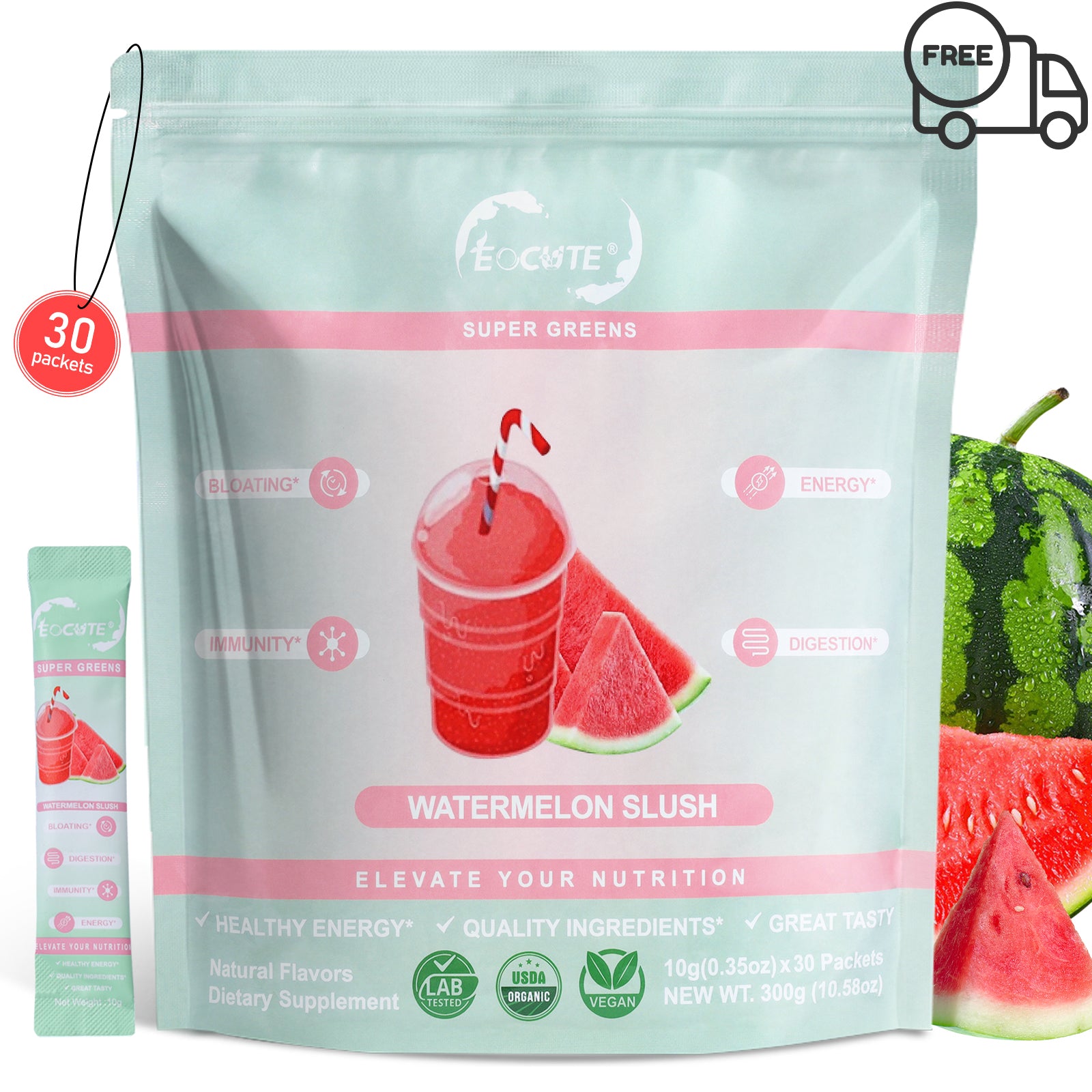 EOCUTE Super Greens Powder to Reduce Bloat, Digenstive Health for Women, Bloating Relief, Gut Health,Skin Care,Support Gut Health, Boost Immunity, Healthy Digestion for Women – Antioxidant Support – Chlorella – Watermelon Slush-30 packets