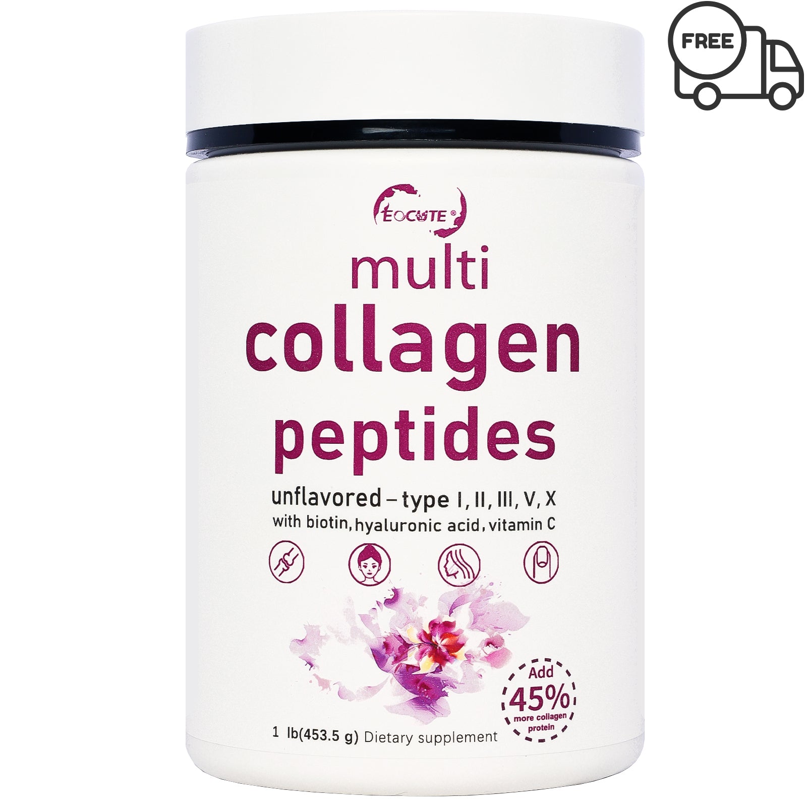 EOCUTE Multi Collagen Peptides Powder Pasture-Raised-Hydrolyzed Protein Peptides (Type l,l,lll,V,X)with HyaluronicAcid, Biotin   Vitamin C,1LB