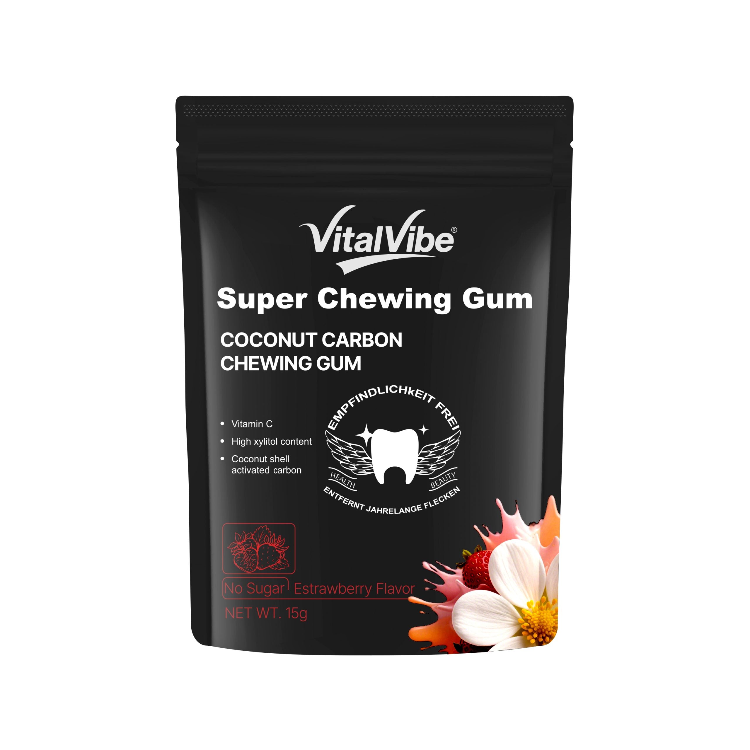VitalVibe Super Chewing Gum,Coconut Carbon Chewing Gum,Vitamin C,High xylitol content,Coconut Shell Activated Carbon,Teeth whitening, clear oral cavity, clean oral cavity.