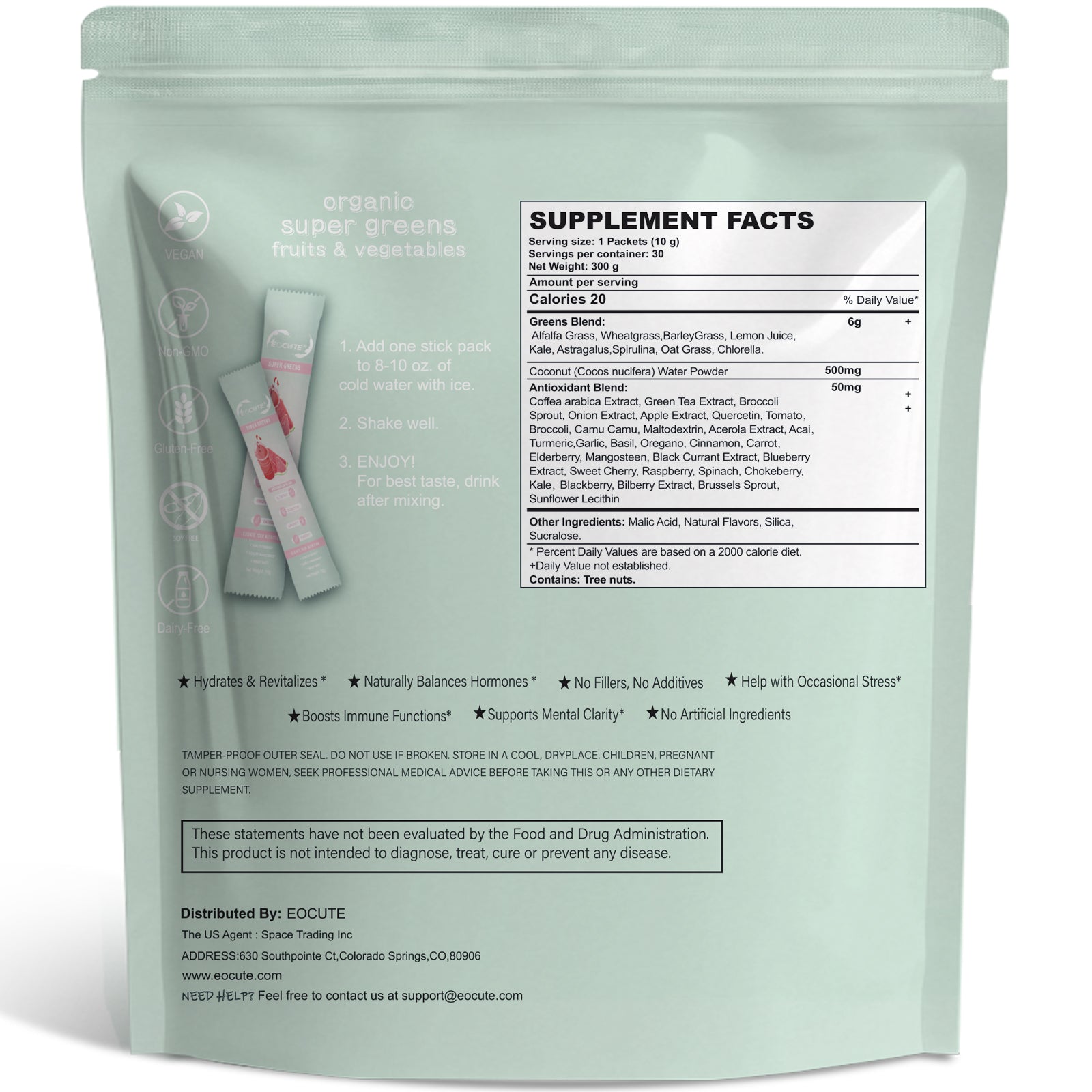 EOCUTE Super Greens Powder to Reduce Bloat, Digenstive Health for Women, Bloating Relief, Gut Health,Skin Care,Support Gut Health, Boost Immunity, Healthy Digestion for Women – Antioxidant Support – Chlorella – Watermelon Slush-30 packets