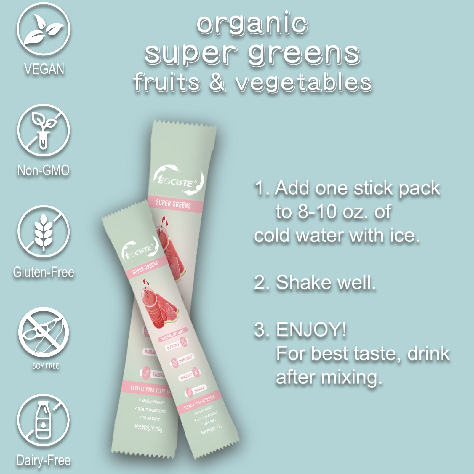EOCUTE Super Greens Powder to Reduce Bloat, Digenstive Health for Women, Bloating Relief, Gut Health,Skin Care,Support Gut Health, Boost Immunity, Healthy Digestion for Women – Antioxidant Support – Chlorella – Watermelon Slush-30 packets