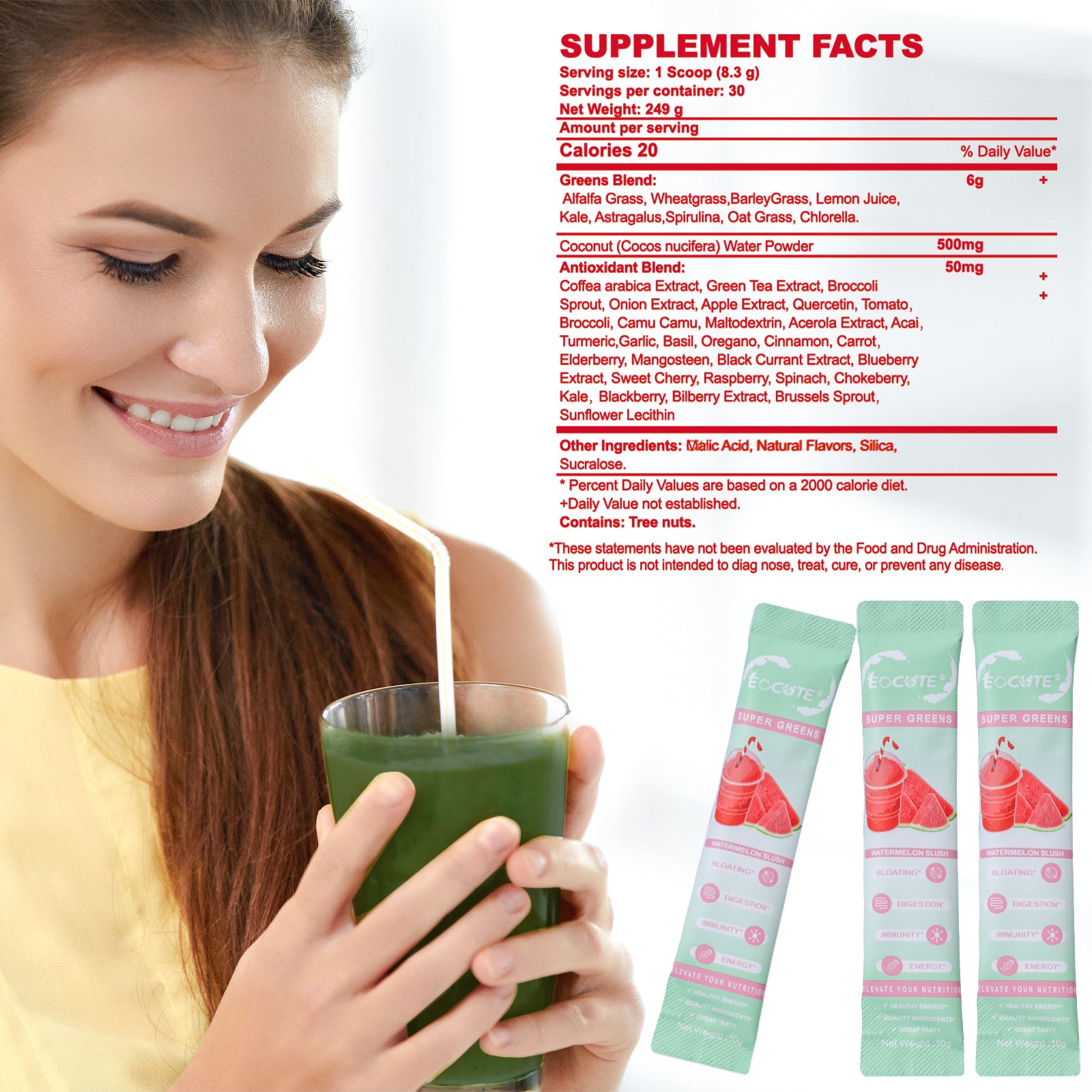 EOCUTE Super Greens Powder to Reduce Bloat, Digenstive Health for Women, Bloating Relief, Gut Health,Skin Care,Support Gut Health, Boost Immunity, Healthy Digestion for Women – Antioxidant Support – Chlorella – Watermelon Slush-30 packets