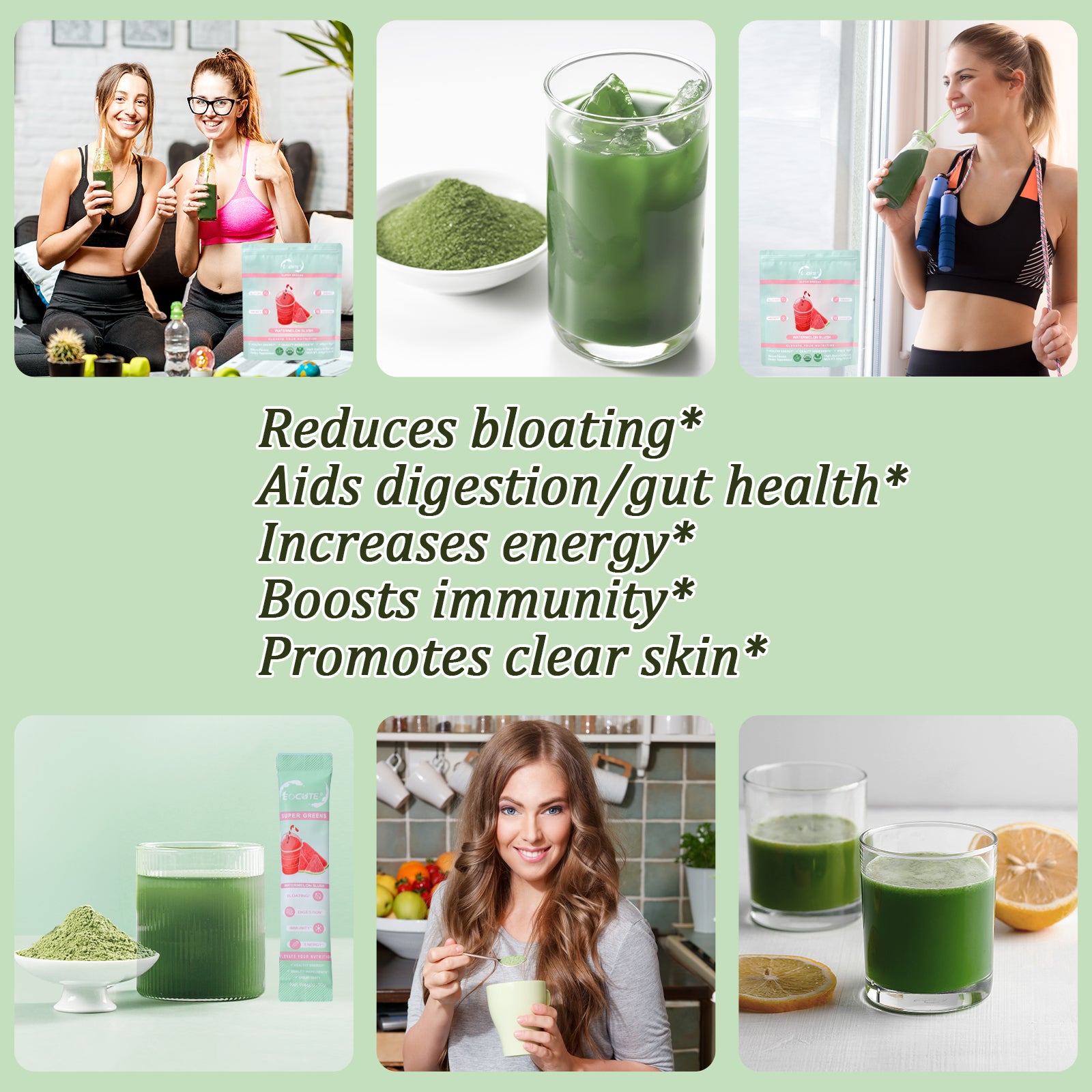 EOCUTE Super Greens Powder to Reduce Bloat, Digenstive Health for Women, Bloating Relief, Gut Health,Skin Care,Support Gut Health, Boost Immunity, Healthy Digestion for Women – Antioxidant Support – Chlorella – Watermelon Slush-30 packets