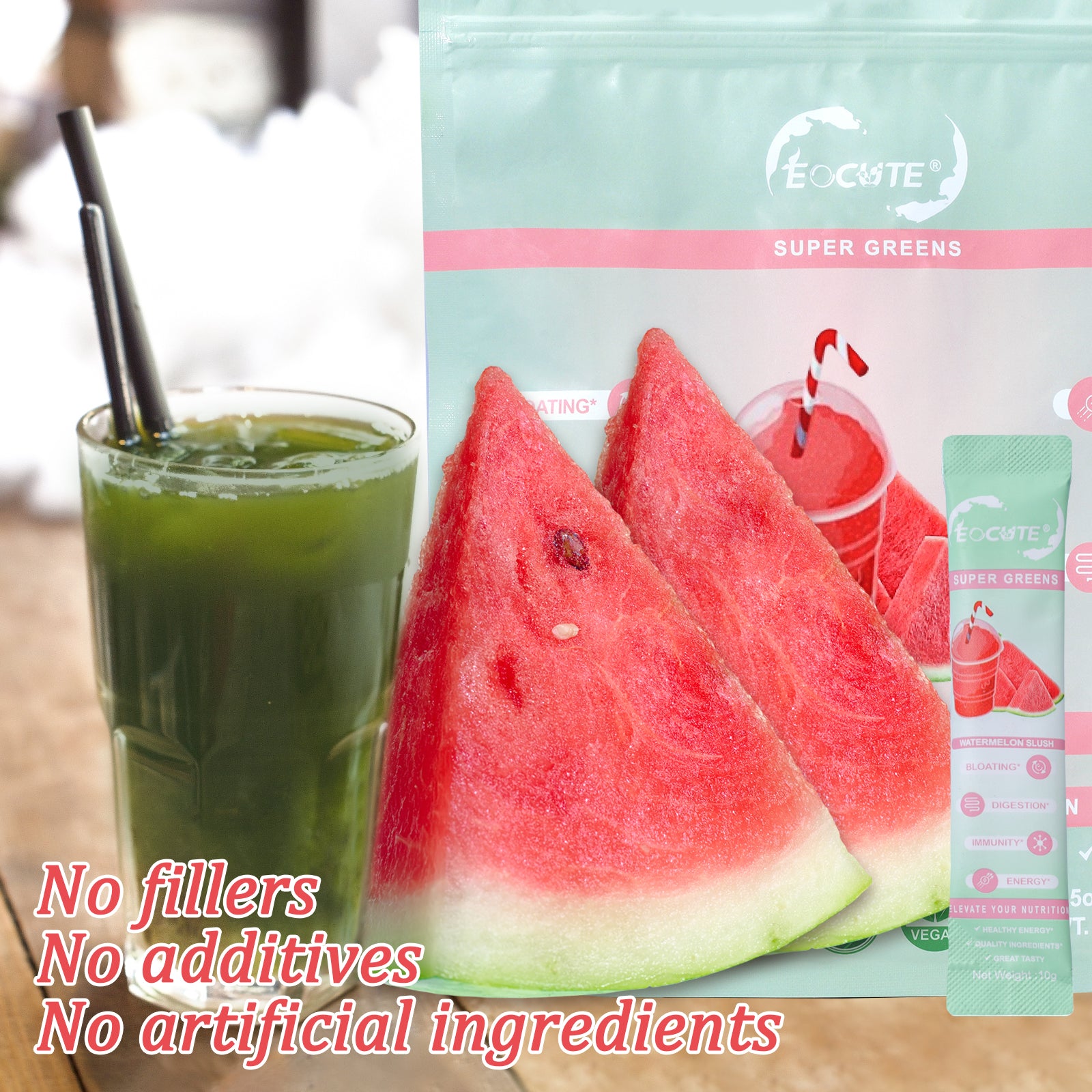 EOCUTE Super Greens Powder to Reduce Bloat, Digenstive Health for Women, Bloating Relief, Gut Health,Skin Care,Support Gut Health, Boost Immunity, Healthy Digestion for Women – Antioxidant Support – Chlorella – Watermelon Slush-30 packets